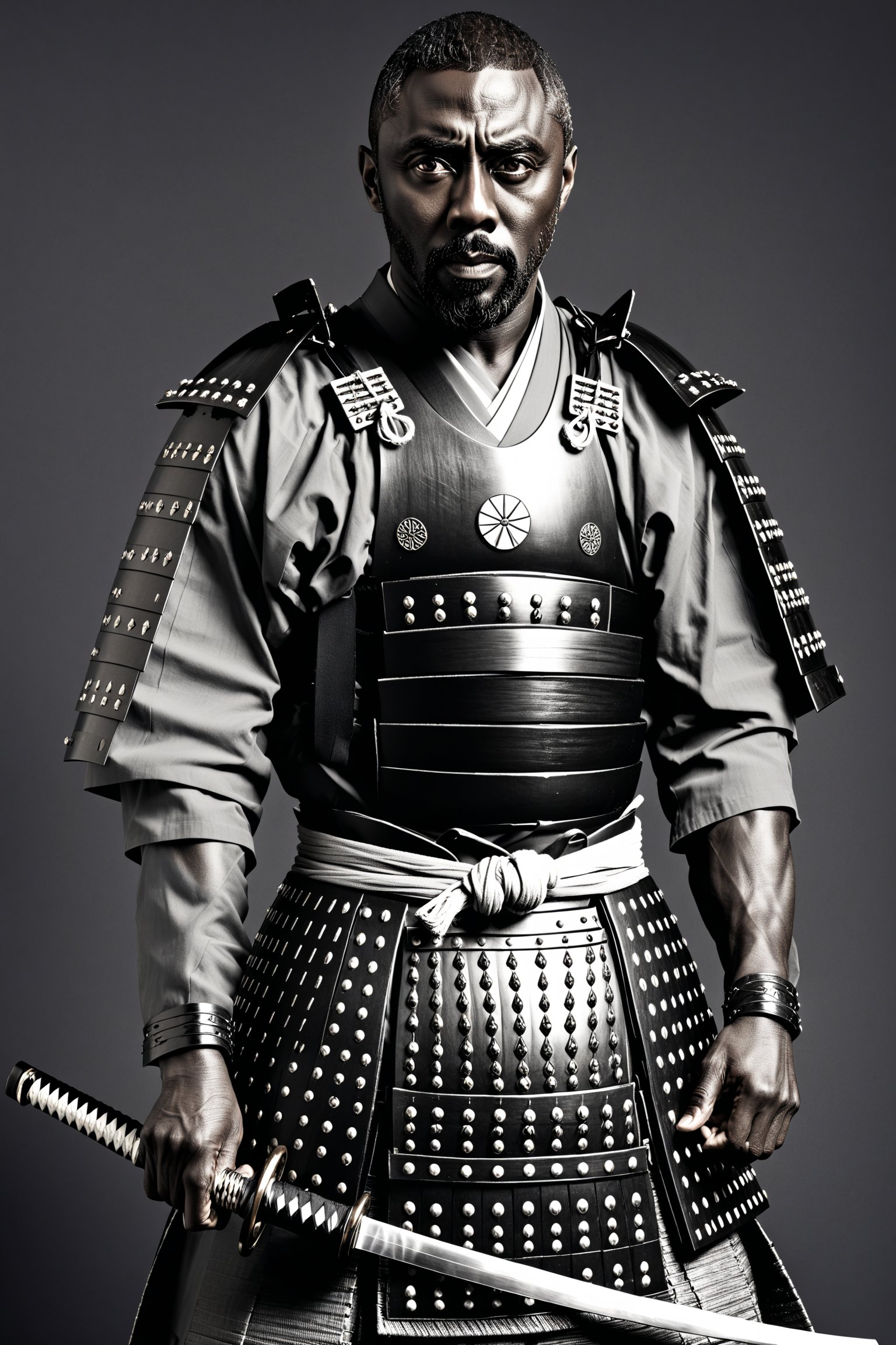 ((1man)),(Idris Elba),Real Photo, monochrome Photo,
, wearing samurai-style armor,mysterious narrow and captivating eyes, traditional Japanese armor reminiscent of a samurai, and a hakama.
Dark skin,, beautiful collarbones,,warrior,samurai,BBM