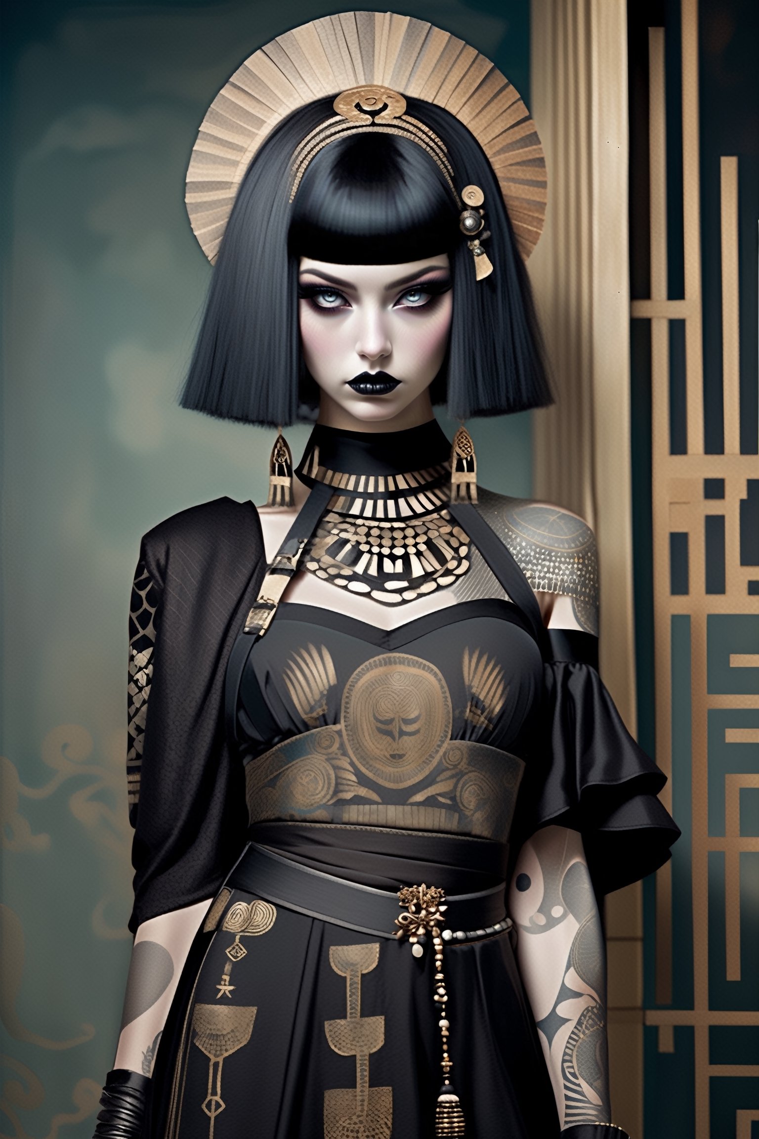 Cleopatra in a fusion of Japanese-inspired Gothic punk fashion, elegance ancient Egypt edgy elements of Gothic punk,Envision Cleopatra adorned in a kimono-inspired gown with Gothic accessories, incorporating traditional Japanese motifs and punk-inspired details,Emphasize the unique synthesis of styles, capturing the regal allure of Cleopatra with a contemporary and rebellious twist,goth person,pastel goth