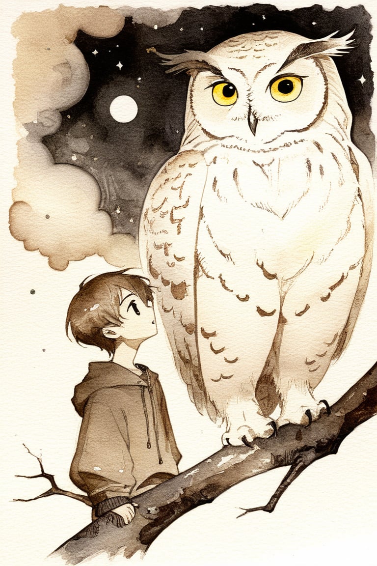 sepia color,Sleek and nostalgic sight, big fat owl,1owl,(1boy),
myths of another world,noldic atmosphere,
A boy who met an owl so big that he looked up at it,
watercolor \(medium\),dal-1