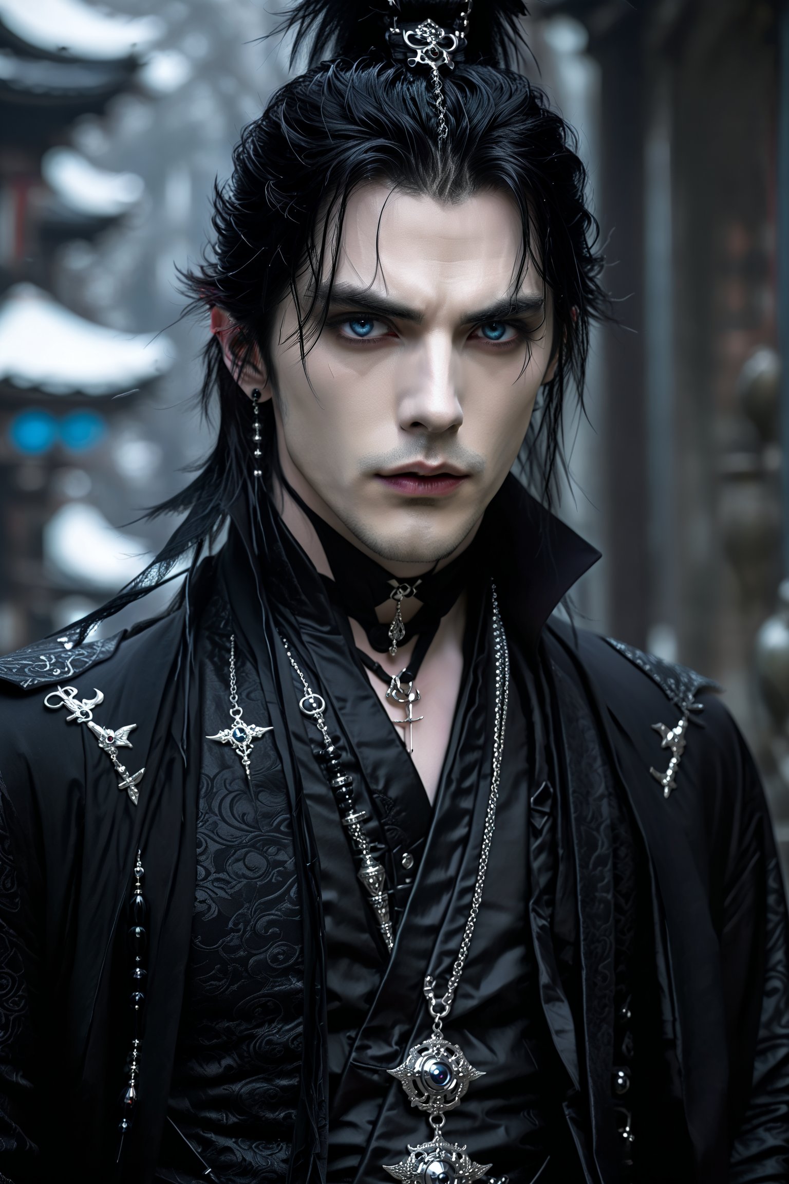 1man,((strikingly handsome French man)), Japanese-inspired gothic horror fashion, deep-set blue eyes and a strong jawline, and a modernized black kimono-style jacket that opens at the chest to reveal her pale skin. button. Tight black leather pants and platform boots with silver buckles. His ears have multiple piercings, including dangling earrings shaped like lanterns. Dark and smoky eye makeup emphasizes his gaze,.,goth person,black cloak,grey hair,male focus