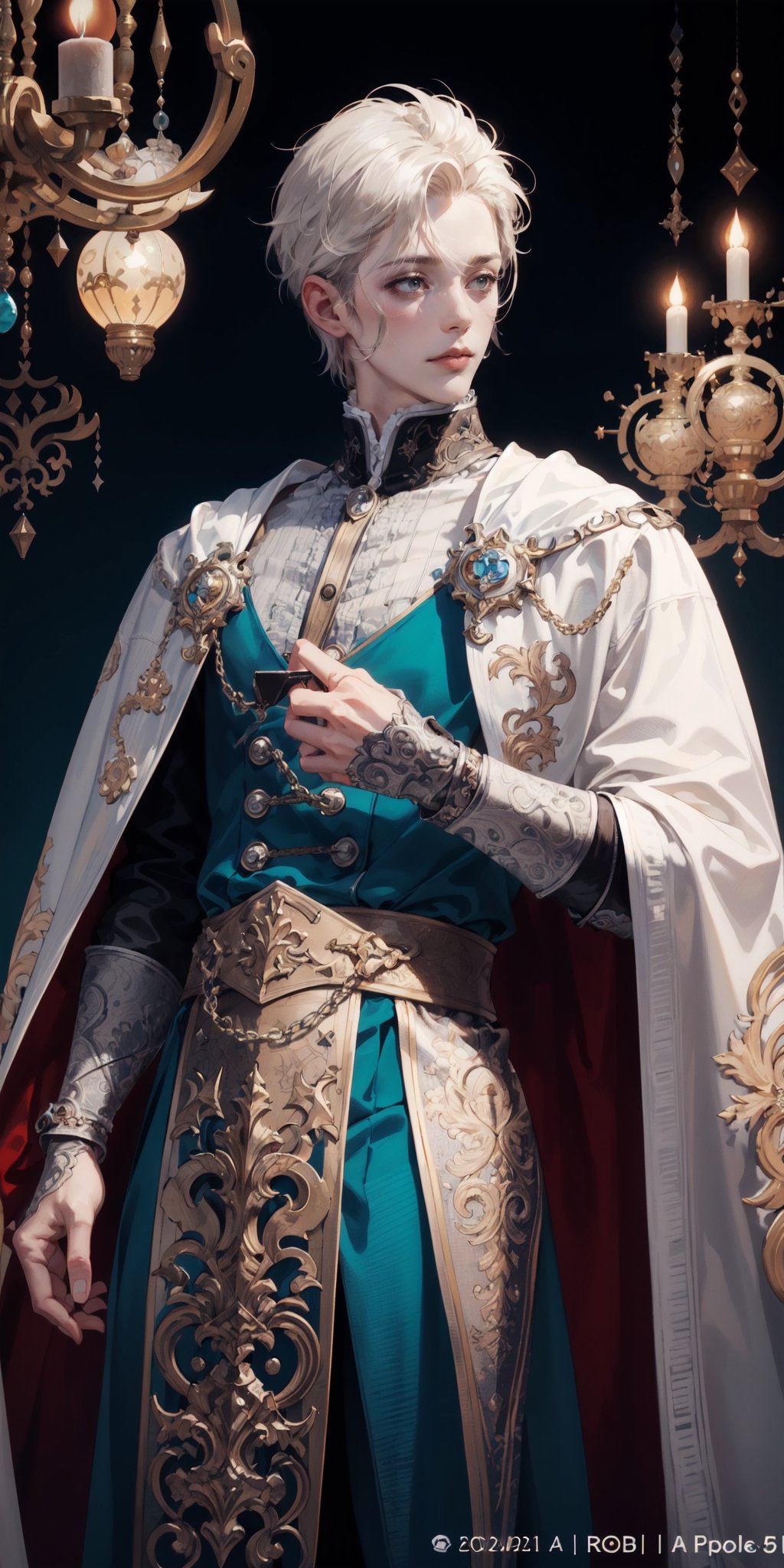 Extreme detailed,Realistic,solo,
official art, extremely detailed, Extreme Realistic,  Nordic beautiful teen boy,beautifully detailed eyes, detailed fine nose, detailed fingers,muscle body, wearing extremely detailed luxury male Prince Albert coat, high quality, beautiful high Detailed white short hair,