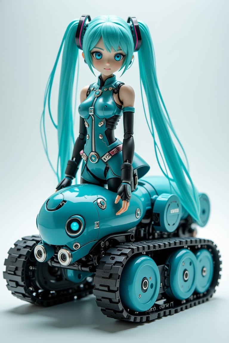 Hatsune Miku, Hatsune Miku's lower body has been changed to a caterpillar, the upper body maintains Hatsune Miku's iconic appearance with twin-tailed hair, a futuristic and sophisticated outfit that reproduces the classic costume,
The lower body transforms into sturdy tank-like treads in teal with neon blue accents, and mechanical joints connect the humanoid torso to the track base.
A fusion of cute pop idol aesthetics and solid mechanical design.
Precision mechanical parts, shiny armor plates. The contrast between the soft curves of Miku's design and the angular, industrial-looking lower body.,ct-identity,futurediff