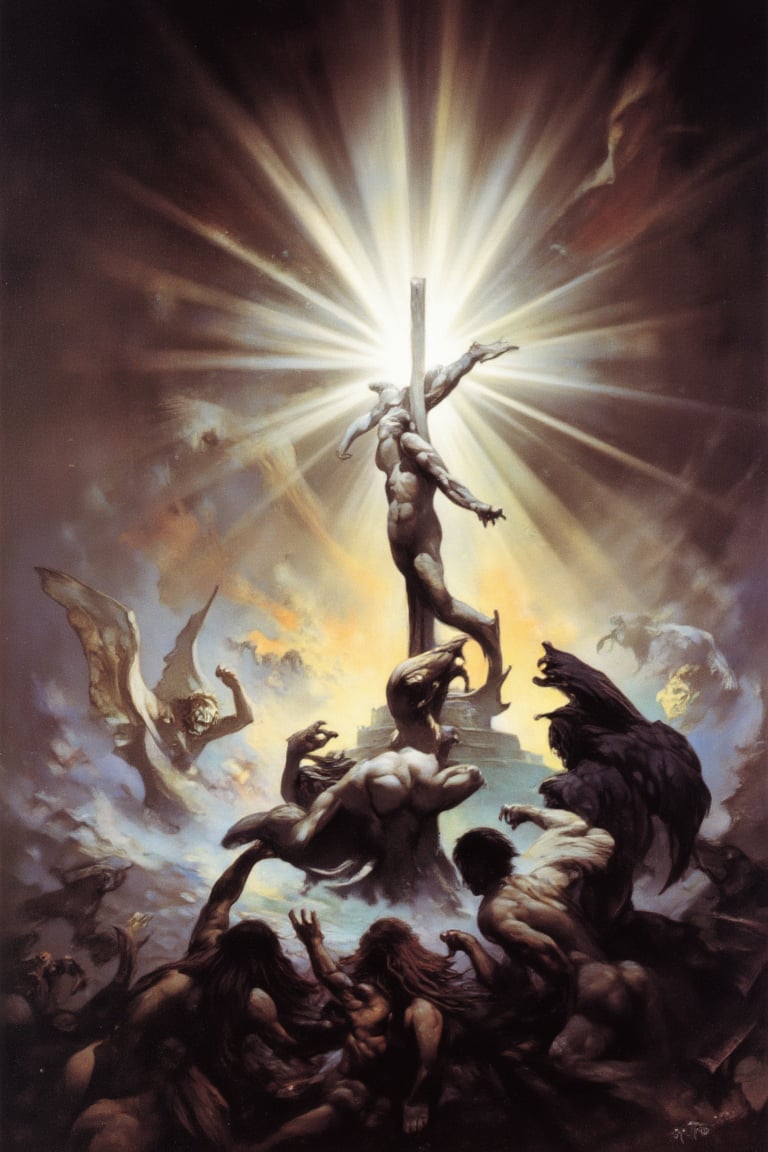 "A dramatic scene of a glowing, floating cross suspended in the sky. Above, radiant angels with pure white wings fly gracefully, their ethereal presence illuminating the area. Below, fallen angels with dark, tattered wings are rising upward, their expressions fierce and desperate as they try to seize the cross. The sky is a mix of light and shadow, reflecting the celestial and infernal forces clashing. The contrast between the angels and the fallen ones is stark, with the former exuding serenity and the latter chaos. The atmosphere is tense, as if a battle between good and evil is about to erupt.",OIL,FANTASY,PAINTING