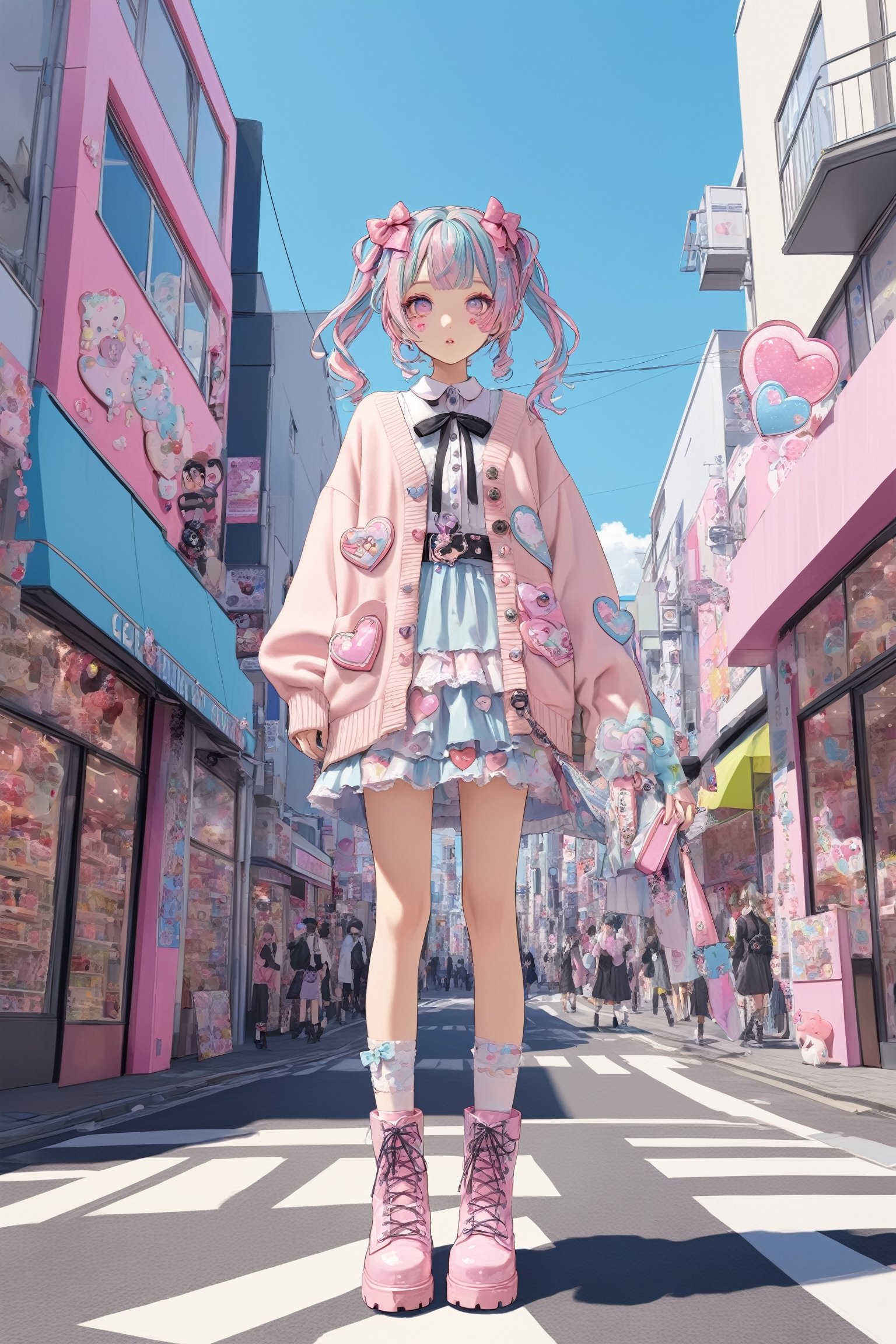 1girl,
Harajuku Style grunge fashion with kawaii and Lolita themes. She wears a distressed pastel dress with lace, an oversized torn cardigan, and chunky Combat boots, Her pastel-streaked pigtails are adorned with bows and clips, and her makeup features glitter and heart-shaped stickers. She stands in a vibrant Harajuku street, blending sweetness with a rebellious edge.