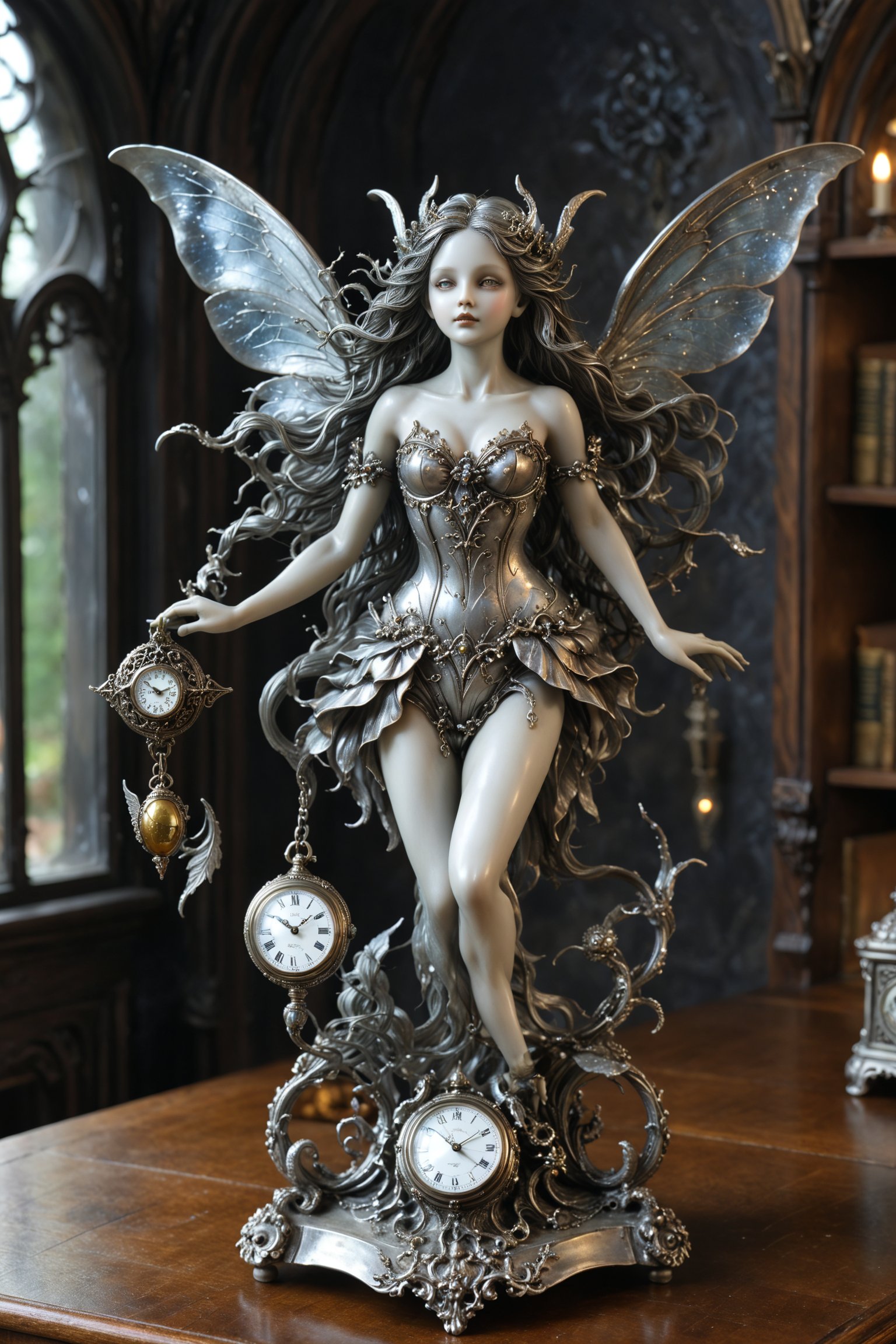 Exquisite Gothic-style silver sculpture of a fairy, holding an ornate pocket watch. Intricate filigree work on delicate limbs and ethereal wings. Flowing hair with intertwined silver strands. Haunting expression on finely carved face. Adorned with miniature Gothic elements - flying buttresses, gargoyles. Watch face reveals complex celestial mechanism. Patina emphasizing depth. Impossibly fine details. Blend of whimsical fairy lore and dark Gothic aesthetics. Timekeeper of the otherworld concept,
A sculpture placed on a wooden desk
