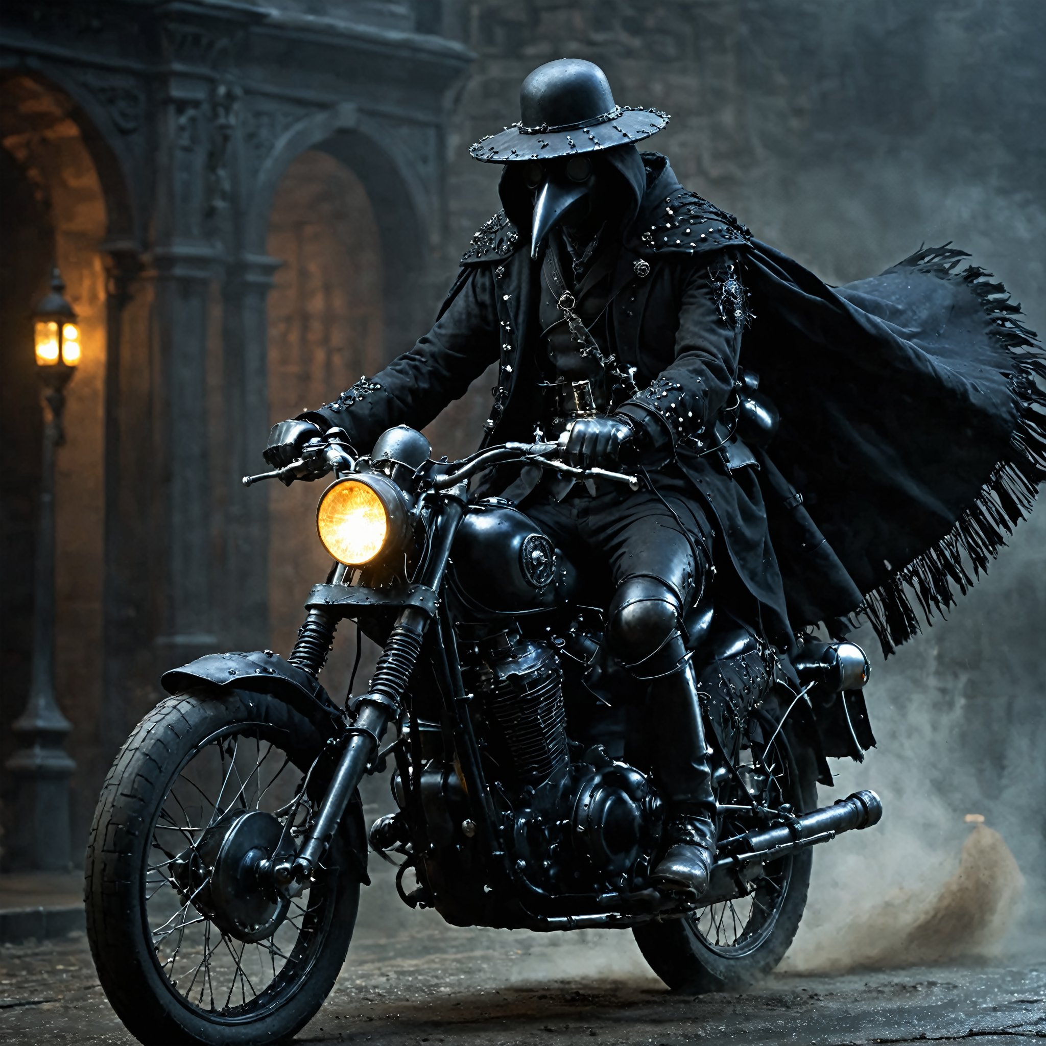 (motion blur effect),
Imagine a Gothic, classical motorcycle ridden by a plague doctor. The bike features an antique black finish with intricate silver detailing and wrought-iron filigree. The seat is rich black leather with tufted buttons, and the fuel tank has haunting gothic patterns. Lantern-style headlights emit a dim, eerie glow. The plague doctor, in his beaked mask and flowing cloak, creates a striking, otherworldly image, blending historical darkness with gothic elegance.,madgod,stop motion,horror,action shot