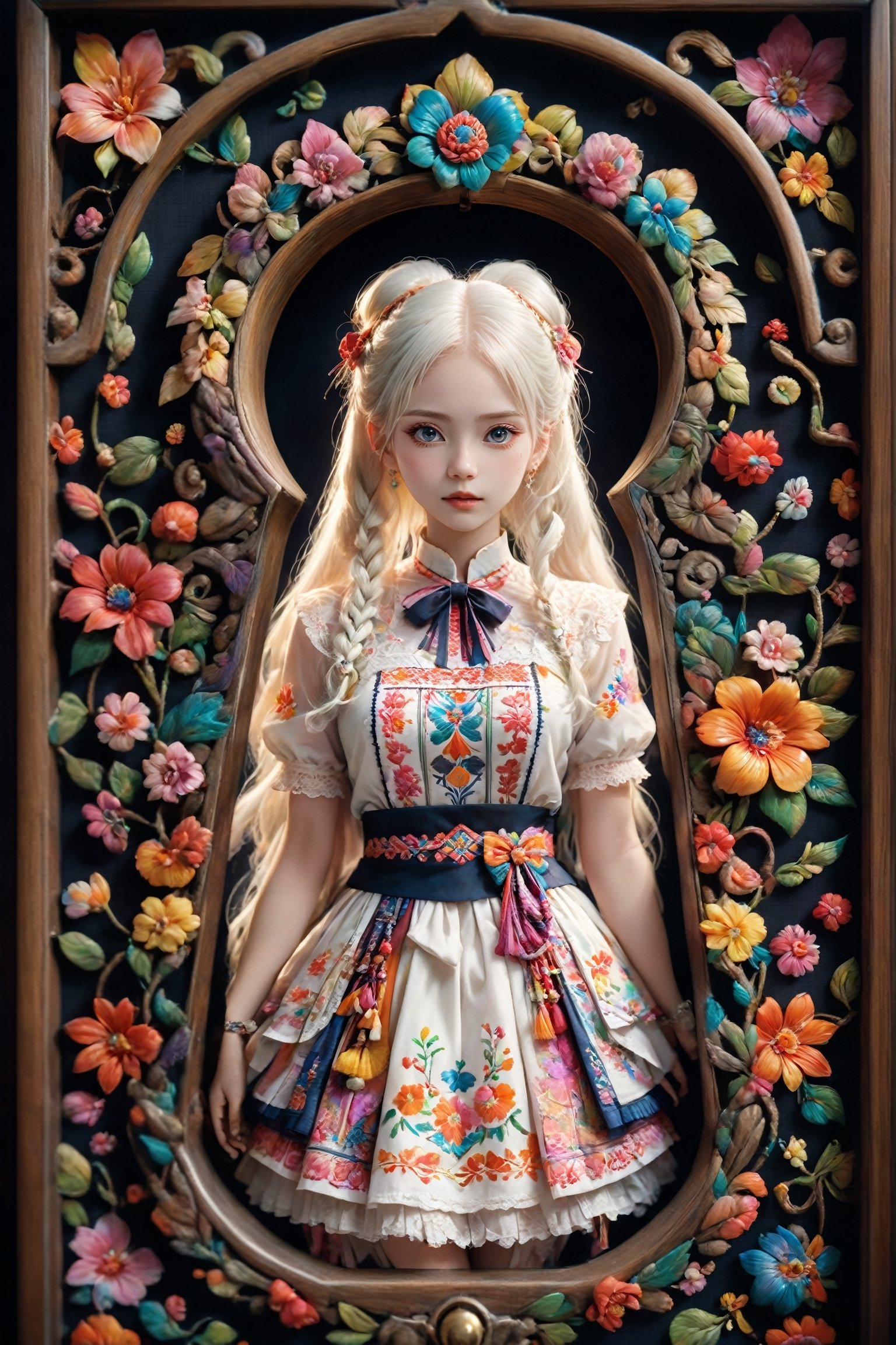 ((Screen through the keyhole:1.2)), Realistic anime,Albino Nordic girl,Pure white long Pigtail hair,
Picture a mesmerizing fusion where the rich heritage of Hmong ethnic attire, intertwines with the enchanting world of Lolita fashion, The garment, a visual symphony, showcases vibrant cross-stitch patterns reminiscent of Hmong craftsmanship, meticulously stitched in an array of colors, dress flows gracefully, embracing the whimsical elegance of Lolita fashion with lace, bows, and layers, creating a harmonious dance of tradition and modernity. Each detail, a brushstroke in this vibrant canvas, tells a story of cultural richness and sartorial fantasy, offering a feast for the eyes that captivates and transcends genres,Flower queen,Extremely Realistic,DonMK3yH0l3XL