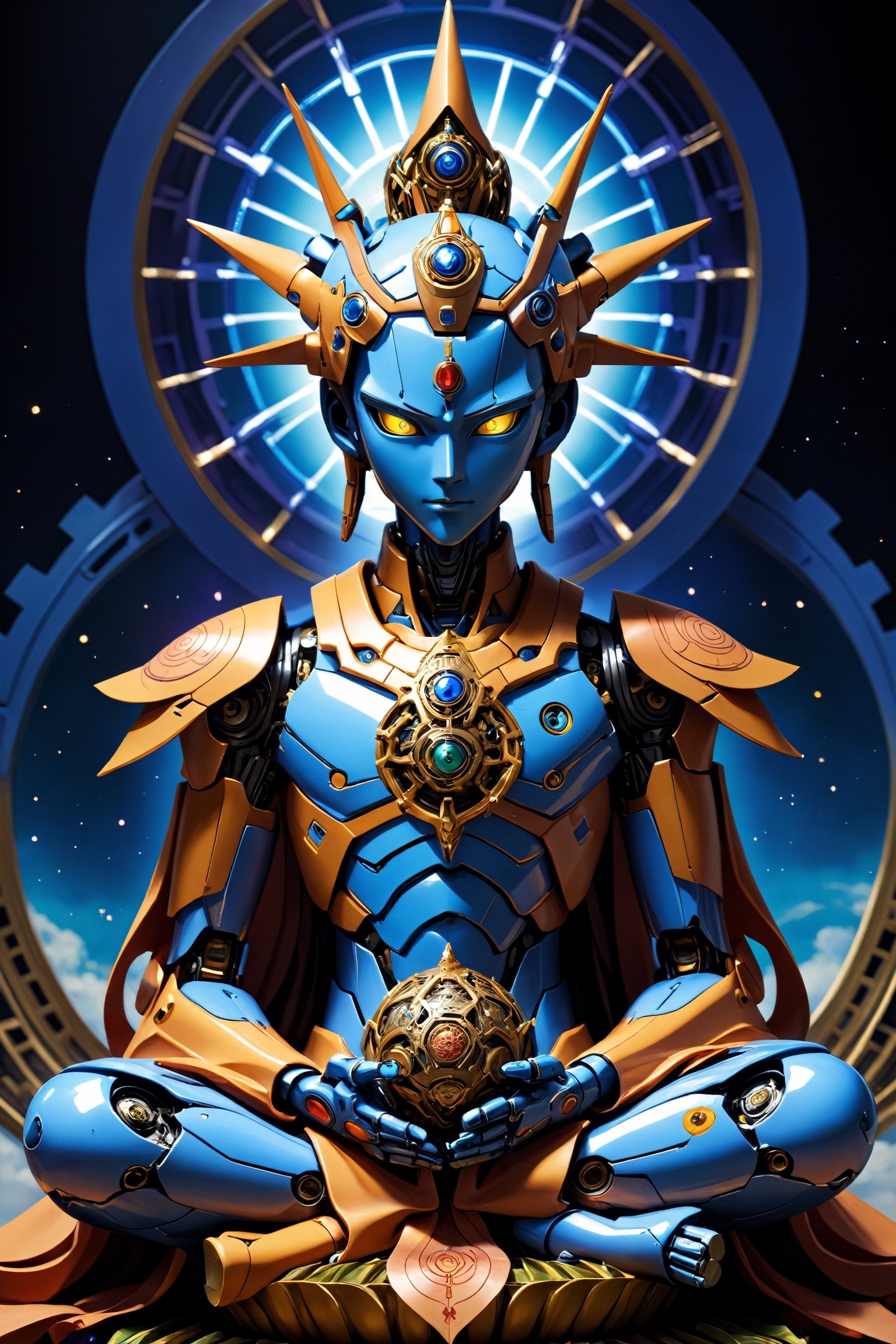 mandala art,depicts a fusion between an Evangelion mech and a Buddha, Emphasize the integration of intricate mecha elements with the serene and divine features of the traditional Buddha figure. Pay attention to details such as robotic components seamlessly blending with the spiritual aspects of the statue. Optimize for a visually striking composition that captures the harmonious coexistence of futuristic mecha aesthetics and timeless religious symbolism."