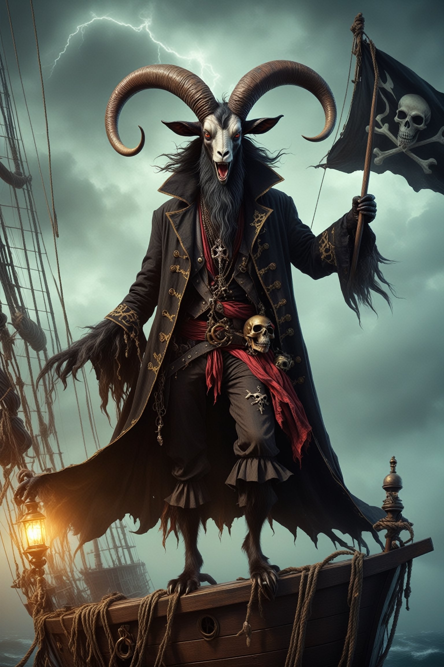 1 man,cool monster,
Baphomet, a demonic being, black goat head demon, a demon dressed as a pirate, a pentagram painted on it and a tattered coat, exuding a sinister mystery, Prowling the deck of a bewitched ship, Baphomet embodies the sinister allure of the pirate and his eternal hunger for souls,LegendDarkFantasy,pirate,monster, in the style of esao andrews