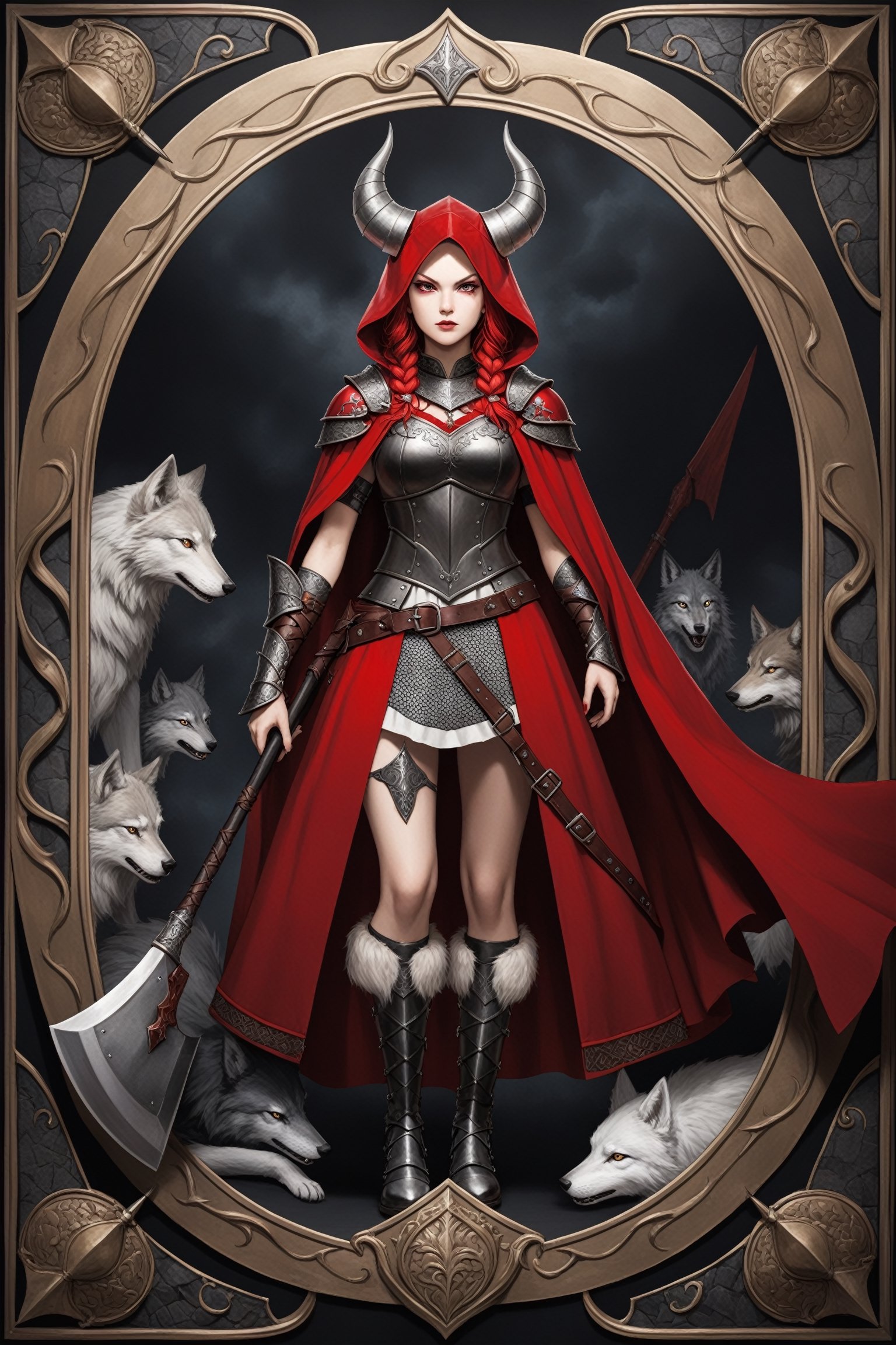 (Celtic pattern framing:1.2),album jacket,
1girl, Red Riding Hood, transformed into the frontwoman of a Viking metal band, adorned in leather, fur, and war paint, Her flowing red cape and braided hair add to her fierce appearance, while a wolf pendant symbolizes her connection to the wild. Armed with a battle axe, she leads her band into battle against darkness,This Viking metal-inspired Red Riding Hood embodies,18thcentury,dragon armor