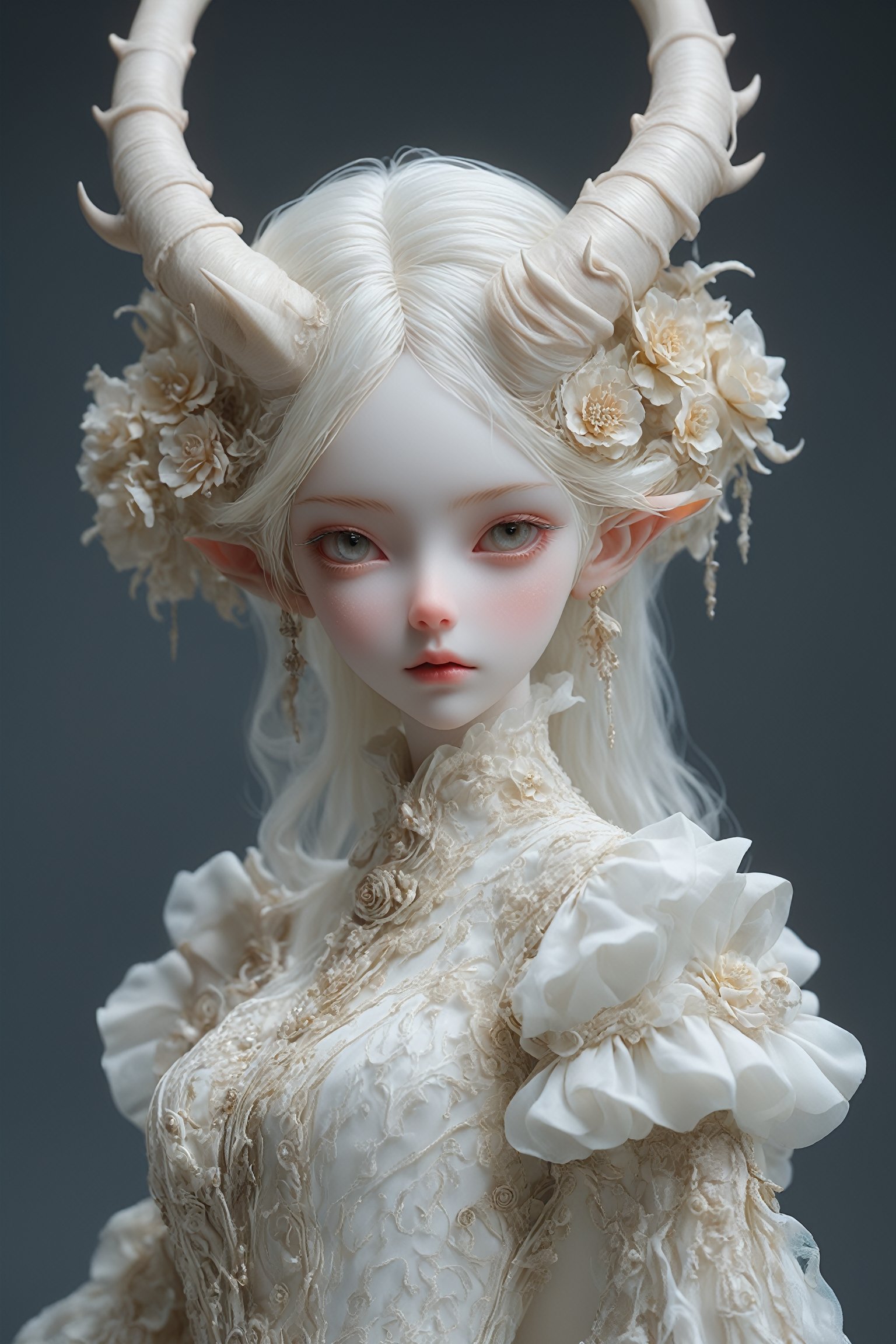 a ball-jointed doll albino demon girl,(Long deer horn: 1.2),
dressed in a cyberpunk-inspired Rococo sexy dress,The doll features intricate joints, allowing for lifelike poses. Her dress merges the ornate elegance of Rococo with futuristic cyber elements. The fabric is a mix of rich silks and metallic materials, adorned with elaborate lace and digital patterns that glow subtly. The bodice is detailed with delicate ruffles and cybernetic embellishments, while the skirt flares out in layers, combining traditional Rococo volume with sleek, modern lines. Her hair is styled in a powdered wig, interwoven with fiber optic strands, ,PIXAR,Ice Dress,LuxuriousWheelsCostume