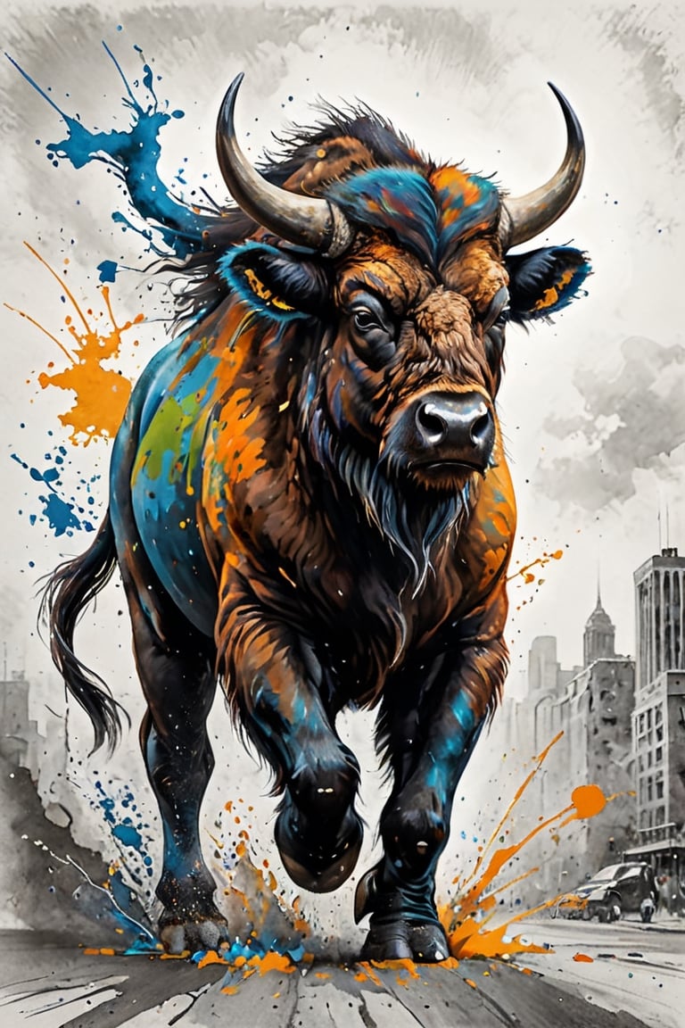 A majestic American bison, vibrant urban canvas inspired by street art. With muscular forelimbs, imagine a creature depicting the American buffalo in a dynamic and lively pose, creating the following impression: Optimize attractive compositions and create attractive, urban artwork. painted world, colorful splash, amazing quality, art station, ink, color splash, it exudes a sense of strength and resilience, embodying the untamed spirit of the wild.,ink,Animal Verse Ultrarealistic 