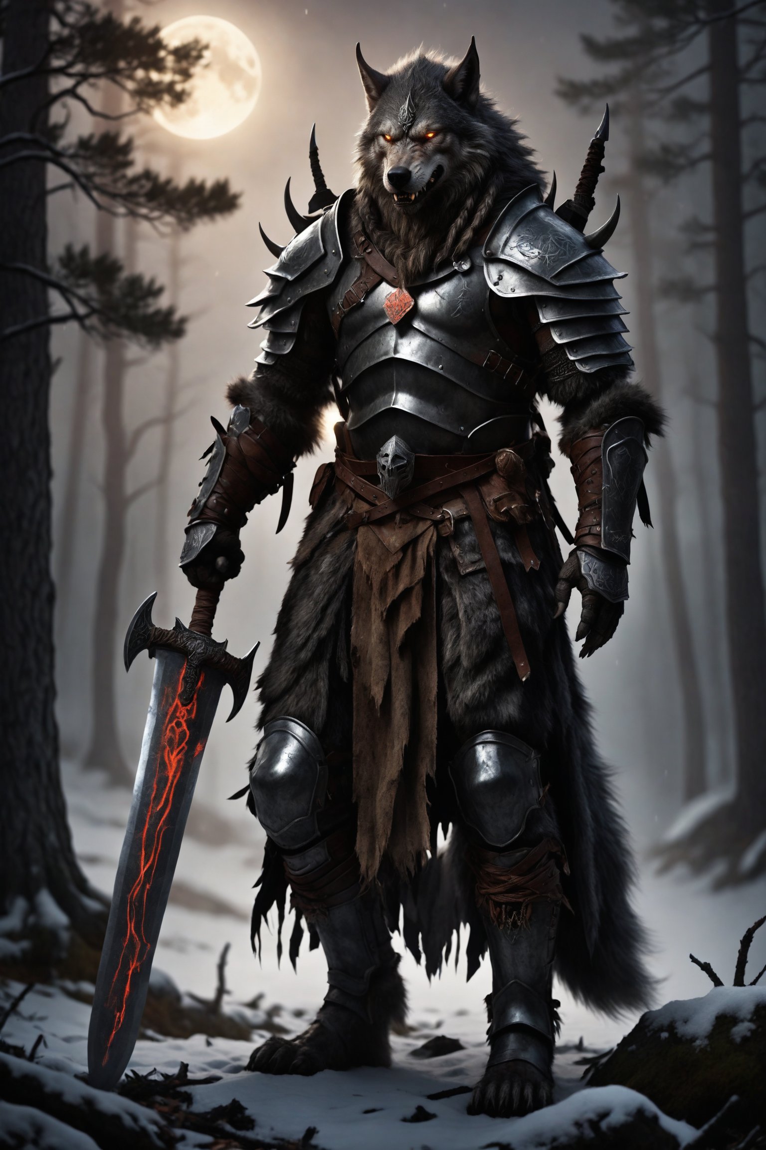 Werewolf warrior in Viking attire,wolf face, massive greatsword resting on shoulder, fur-trimmed leather armor, Norse runes on blade, standing amidst ancient pine forest, misty atmosphere, moonlight filtering through branches, glowing amber eyes, wolf-like features, battle-scarred, muscular physique, braided beard, iron helmet with horns, snow-covered ground, distant howling, photorealistic style, dramatic lighting,LegendDarkFantasy,kawaii knight,cyborg,royal knight,werewolf