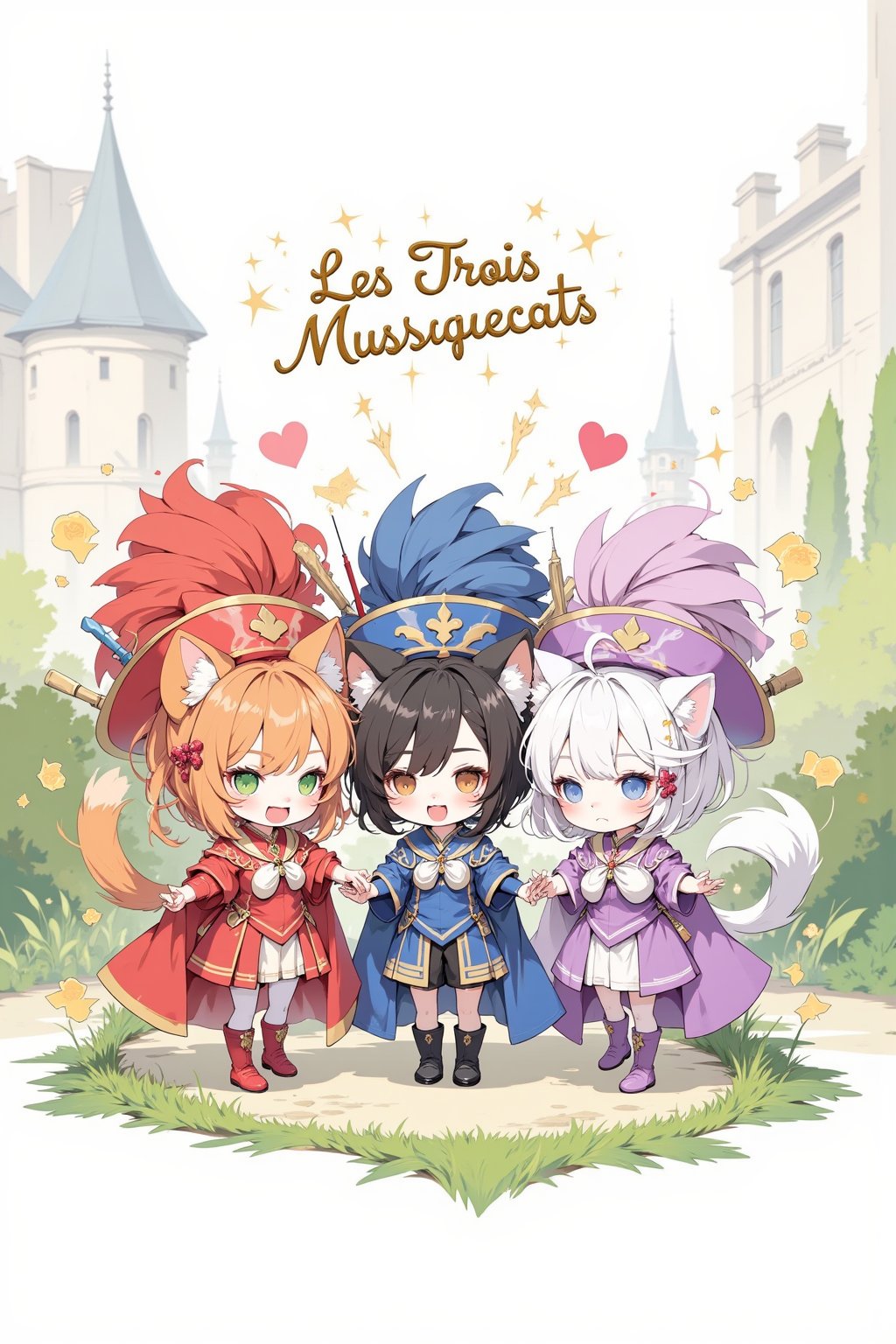 Cute anime-style illustration of three cat girl musketeers. Anthropomorphic feline characters with human bodies and cat ears, tails. Each girl wears a unique, colorful musketeer outfit: plumed hats, ruffled shirts, capes, and boots. First musketeer: orange tabby features, green eyes, red outfit. Second: black fur, yellow eyes, blue outfit. Third: white fur, blue eyes, purple outfit. All hold rapiers playfully. Whimsical expressions, mix of elegance and mischief. Background: stylized French château garden. Soft, pastel color palette. Chibi proportions: large heads, big eyes, small bodies. Fluffy tails peeking from beneath capes. Whiskers and pink noses visible. Sparkles and heart effects for added cuteness. Dynamic poses showing unity and friendship. Combination of 17th century and modern kawaii aesthetics. Detailed fabric textures on outfits. Logo 'Les Trois Mousquecats' in fancy script.,flat colors