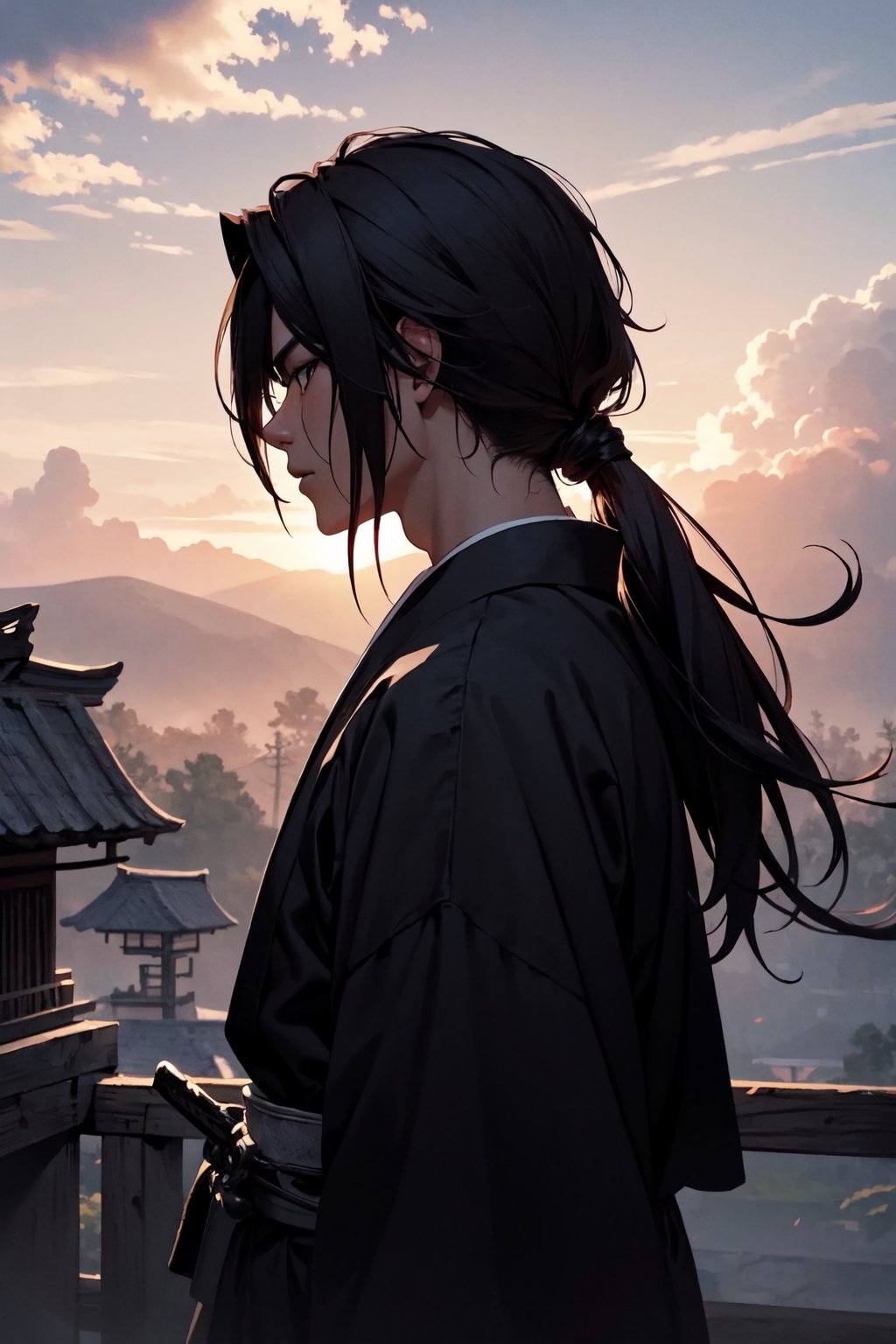 BIn stunning 8K UHD resolution, this artwork captures the upper body back view of a samurai with long, flowing hair and an imposing aura. The sumurai look like Cloud Strife adorned in ragged hakama, portrayed with highly detailed body, hands, and face,, using an Edo period color palette, creates a harmonious and aesthetic backdrop, while ink scenery adds depth and atmosphere. 