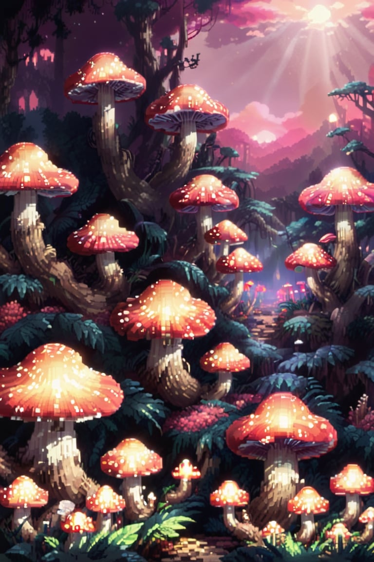 pixel art,
environment), (beautiful scenery), ((mushroom forest)),large mushrooms Forest, 
mysterious light,
(detailed mushrooms), (red sky), bright sky, outdoor, giant mushrooms, gigantic mushrooms, tall mushrooms, colorful mushrooms, 