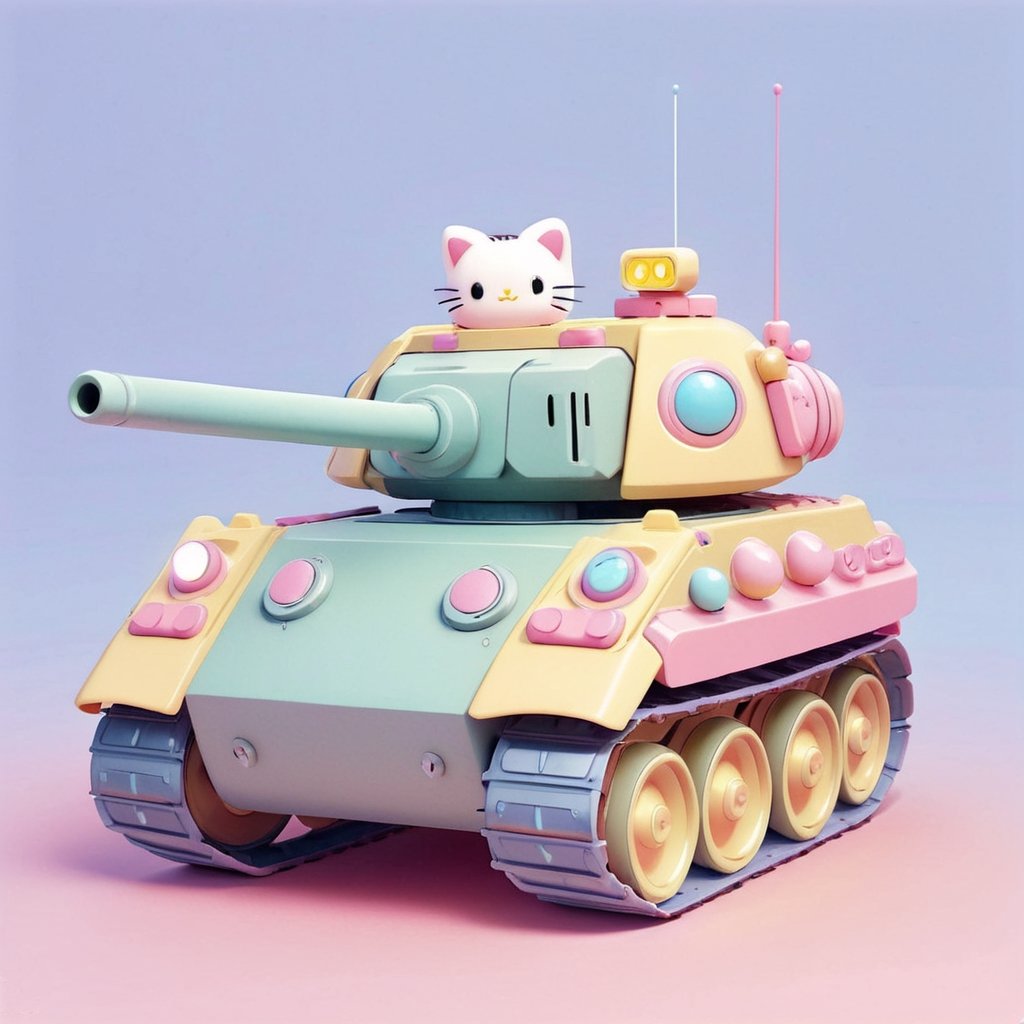 featuring a small Military Kawai tank designed in the Sanrio character style, adorned with fanciful colors. Envision a delightful and whimsical tank with charming details, drawing inspiration from the playful aesthetic of Sanrio characters. Incorporate vibrant pastel hues and cute elements, ensuring the tank exudes a sense of both charm and fantasy. Aim for a composition that captures the essence of Sanrio's signature style while transforming a military vehicle into an adorable and fanciful creation.",kawaiitech