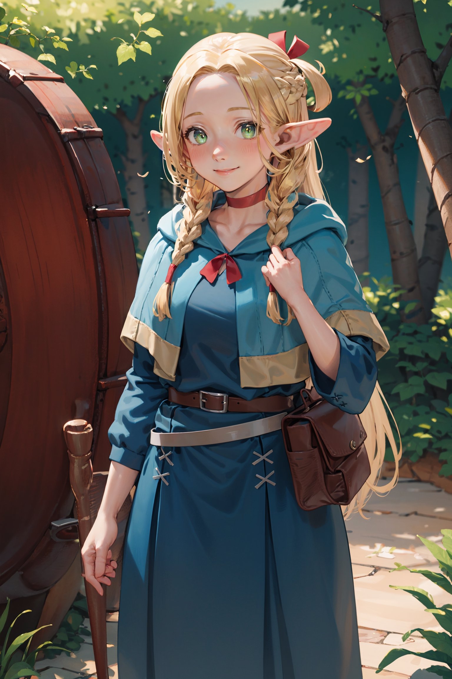 masterpiece,best quality,highres,ultra-detailed,marcille donato,elf,pointy ears,long hair,twin braids,hair ribbon,red choker,blue capelet,robe,long dress,blue dress,long sleeves,red ribbon,belt,wide sleeves,skirt,pants,pants under skirt,,outdoors,cowboy shot,smile,standing,sandals