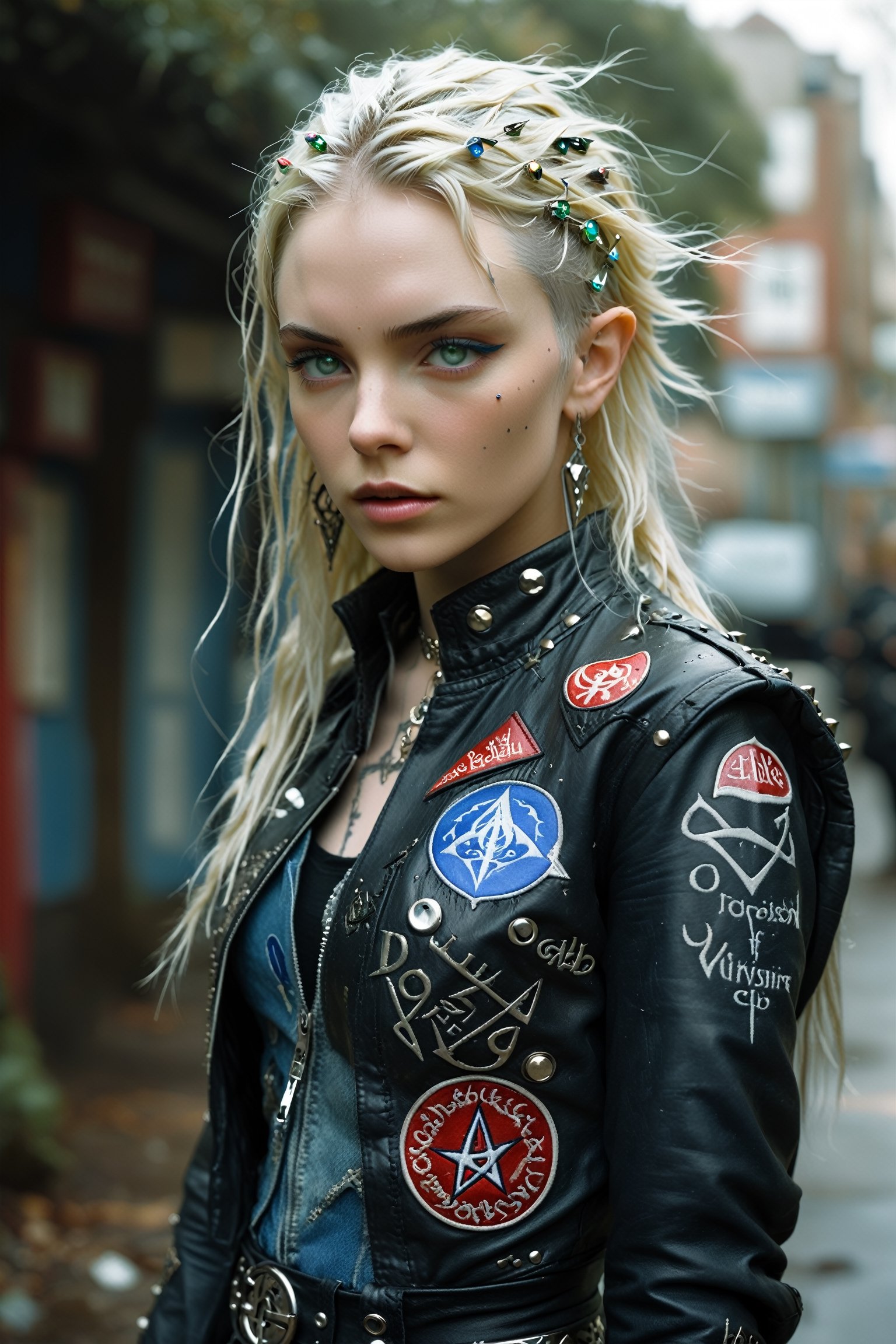  Galadriel,Elf Lady, Elf Ears, dons UK punk rock fashion. Despite her ethereal origins, she embraces the rebellious style with confidence and grace. Her flowing robes are replaced by a studded leather jacket adorned with patches depicting elvish symbols and band logos. Tight-fitting ripped jeans and combat boots complete her edgy ensemble, while her hair cascades in wild waves, adorned with spikes and brightly colored streaks. Despite the unconventional attire, her regal bearing and piercing gaze remain unchanged, a symbol of strength and wisdom that transcends fashion boundaries.,Toxic_Vision