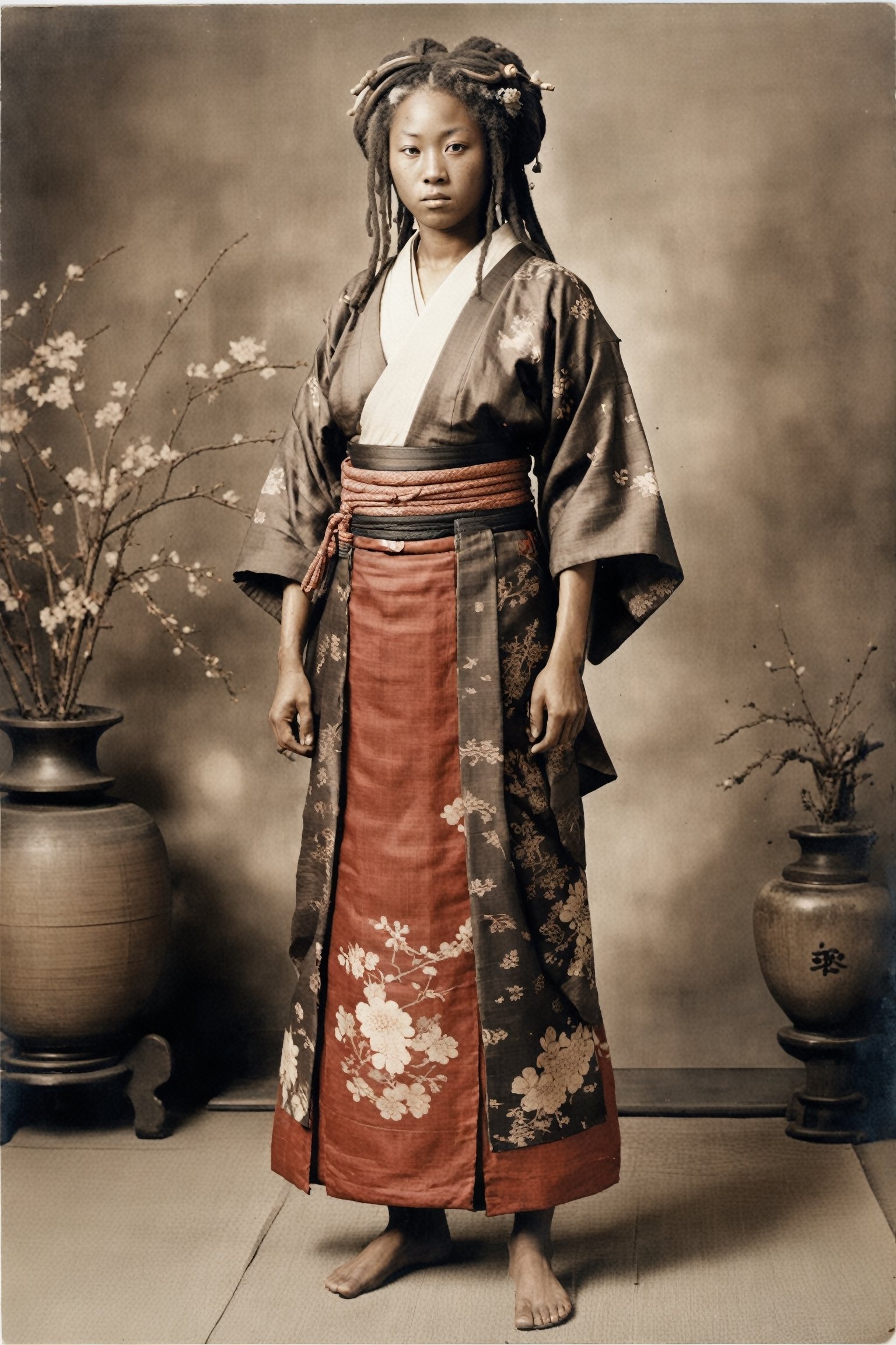 ultra Detailed,ultra Realistic,full Body,Old photo,
 kimono, oscabbard  at waist, bathed blood,  handsome and strong African Girl, very very long  dreadlocks, large breast, Cleavage, muscle,Japan Medieval age foreigne, hakama, Japanese style gaiter, kanji Tattoo,African SAMURAI Girl 
,analog