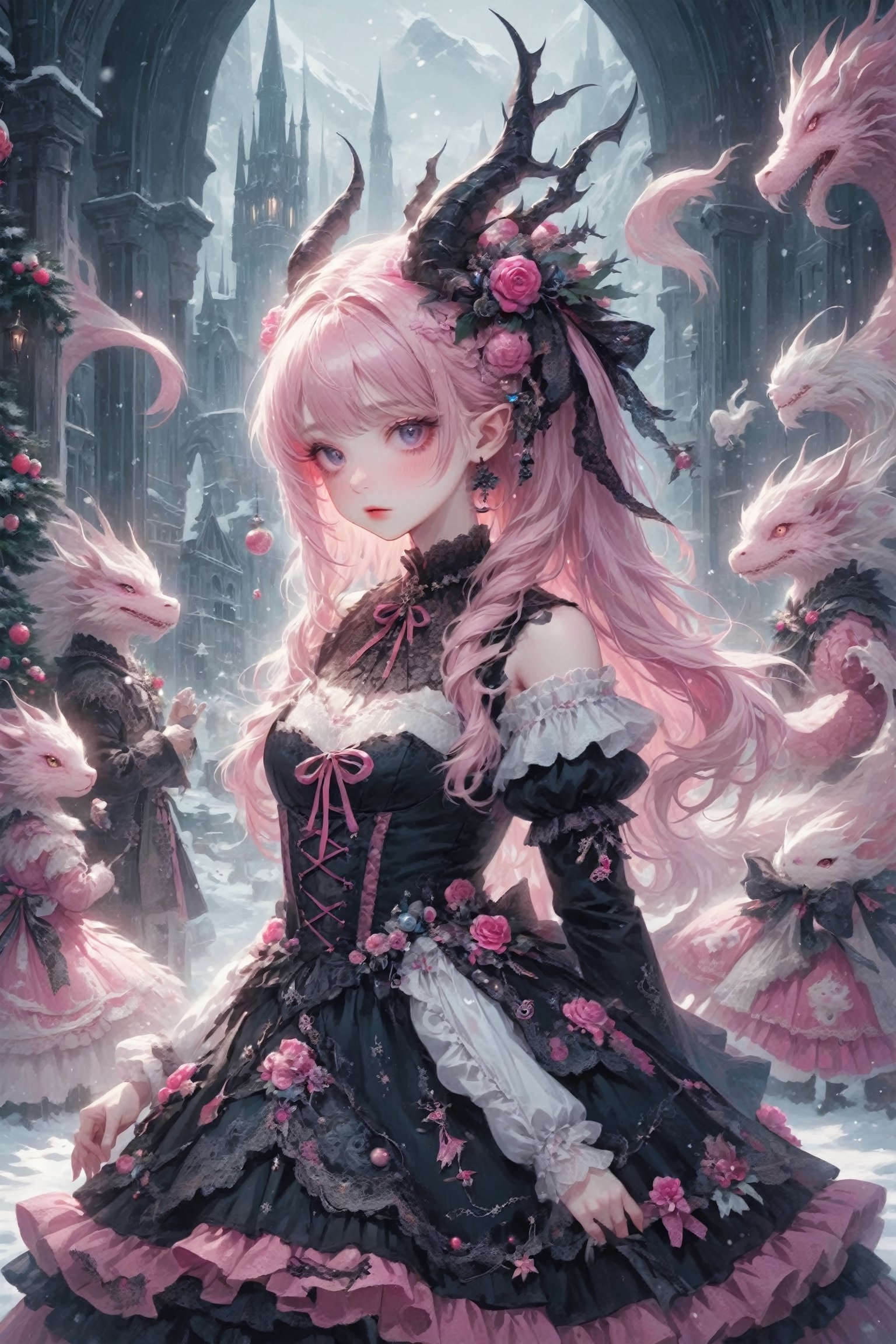 A Gothic Lolita girl, with dragon eyes and dragon horns,Depth and Dimension in the Pupils,
gracefully crystalline cheeks, her attire adorned with intricate pink lace and dark, ethereal fabrics,(intricate dragon horns) elegantly complement her elaborate hairstyle, creating a mystical and captivating presence. Her eyes, reminiscent of a dragon's gaze, exude an otherworldly charm, adding a touch of fantasy to the Gothic Lolita aesthetic. The fusion of traditional Lolita elements with dragon-inspired details results in a unique and enchanting character.,dragon-themed,goth person,lolita_fashion,Dragon,gemsdragon,dragon_h,Chinese Dragon,Christmas Fantasy World