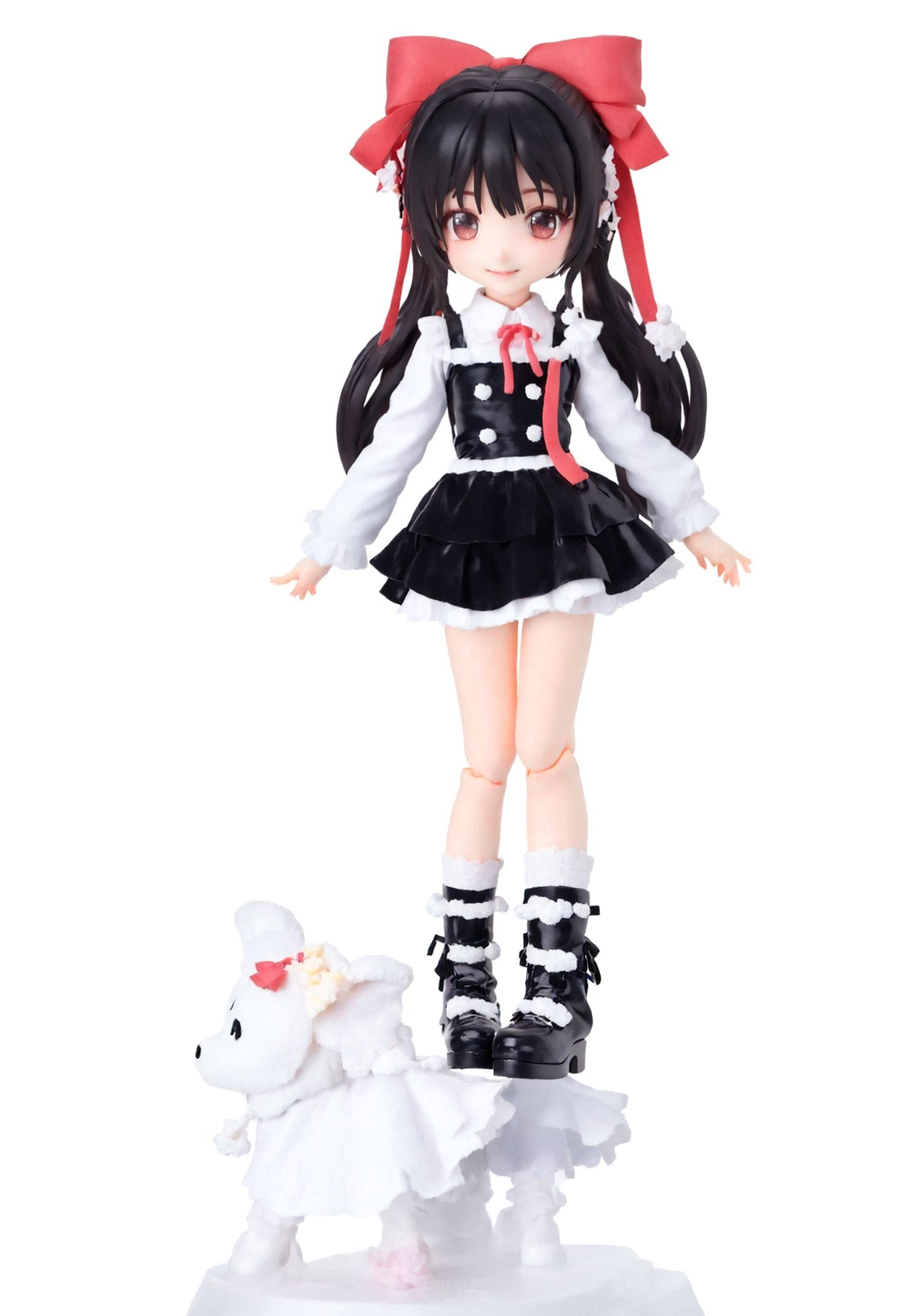 Chibi,3D Figure,1girl, solo, long hair, looking at viewer, bangs, skirt, simple background, shirt, black hair, long sleeves, white background, dress, bow, ribbon, standing, full body, hair bow, boots, frills, socks, black footwear, ((full body)), BREAK, looking at viewer, knee,  warm smile,3D MODEL, full body, chibi,cute, (white pure background), white theme, simple backgroup, ,figma