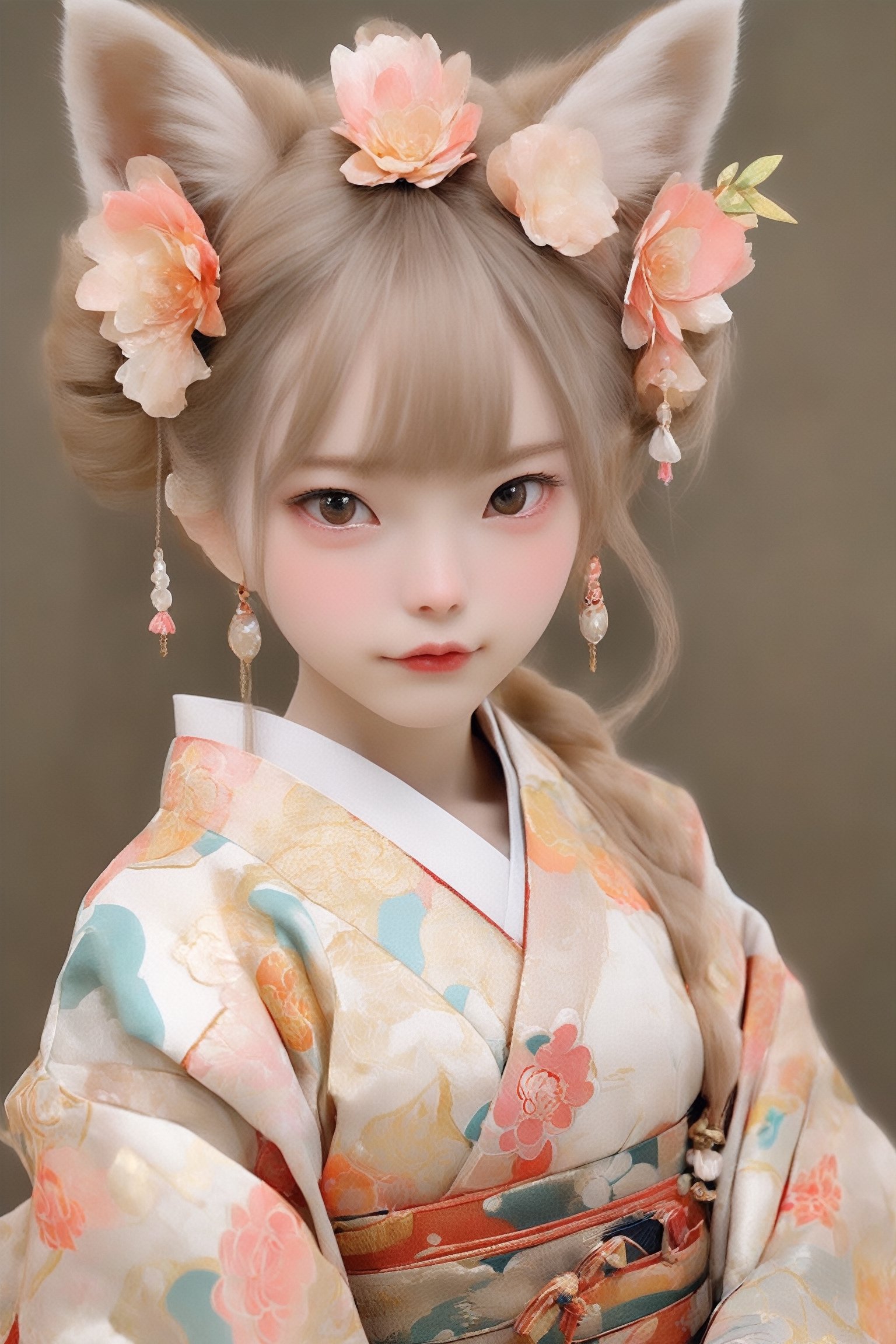 beauty albino fox girl,fox ear, adorned in a stunning fusion of Rococo and traditional Japanese fashion,Her kimono is intricately designed with elaborate Rococo patterns, featuring pastel hues and delicate floral motifs. The silhouette of the kimono is accentuated with layers of voluminous fabric, creating a regal and graceful appearance. Completing her ensemble, she wears accessories such as a decorative obi belt and elegant hair ornaments, all adorned with intricate Rococo details,ichika