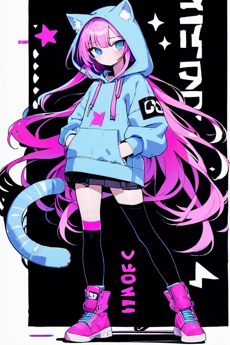 vtuber,1girl, cute anime characters,Beautiful blue eyes,asymmetric bangs,candy punk Fashion,Hooded hoodie shaped like a cute kitten,cat ear hood,Pastel colored clothes based on blue and pink,Pastel Emo Fashion, Anime Print Shirt,Gothic Style tights, long military boots, score_7_up,dal-6 style,pink-emo,emo, art nouveau,vspop,flat style,hand drawn,ek_an1_b00ster