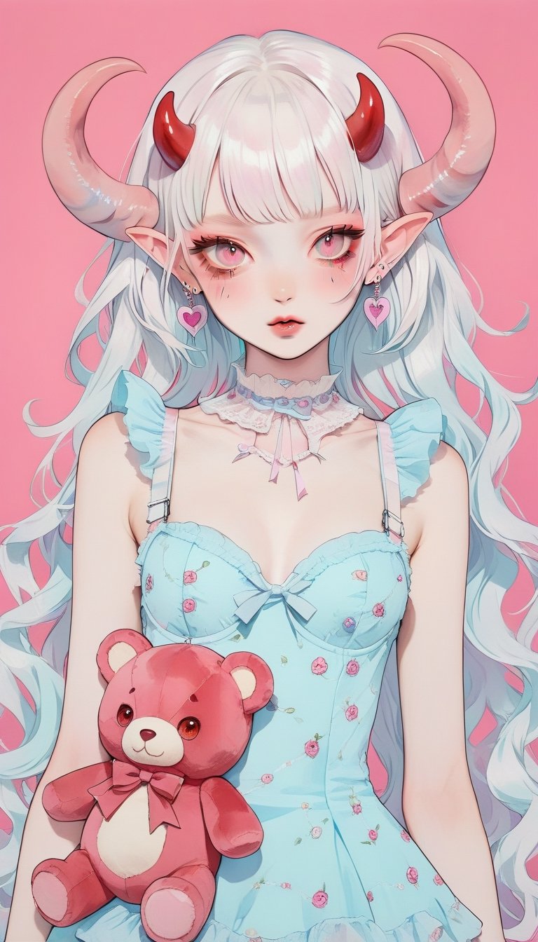 1girl, albino demon girl, (long devil horns) ,heavy makeup, earrings,candycore outfits,pastel aesthetic,
Clothes with teddy bear prints inspired by Decora, cute pastel colors, Pastel Blue,
,beautiful red eyes , heart,,emo,kawaiitech,dollskill