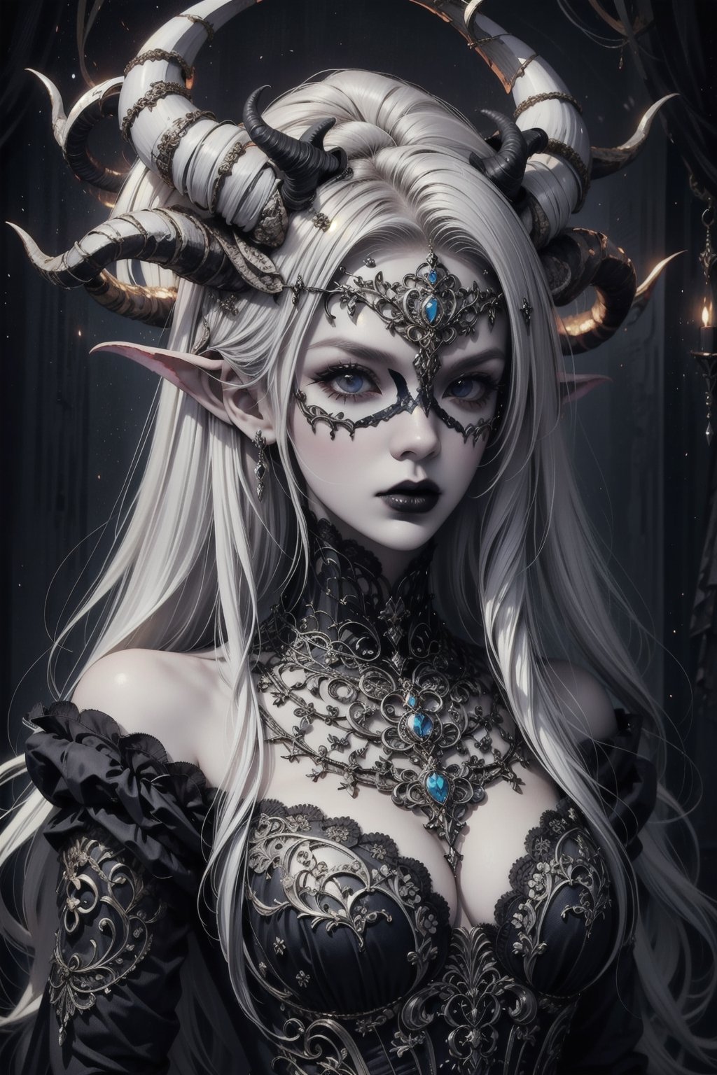 1girl,.albino demon little queen, (long intricate horns), a sister clad in gothic punk attire, face concealed behind a striking masquerade mask,themed,white_aesthetics,photorealistic,Masterpiece,Realistic,dark fantasy