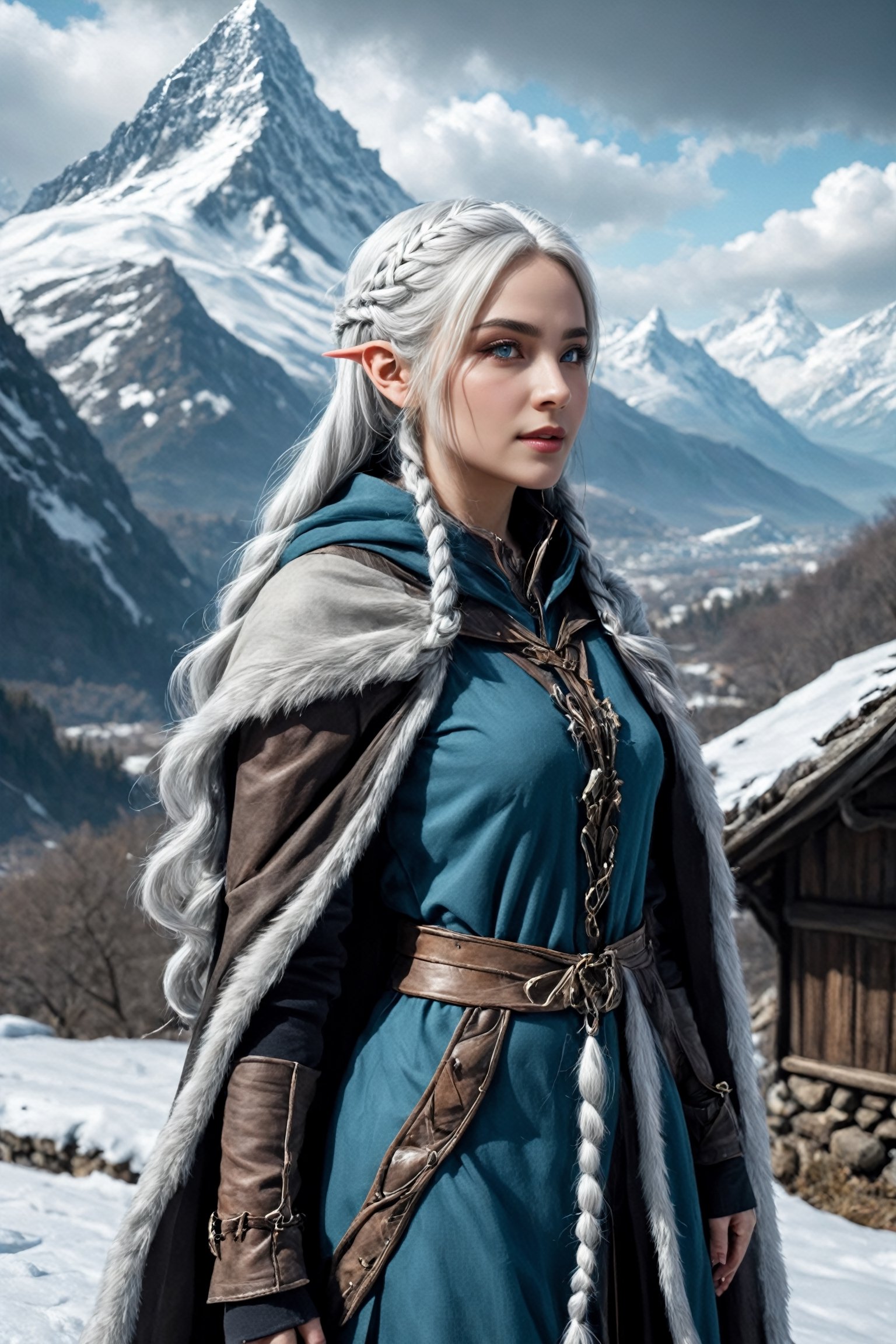 Extreme detailed,ultra Realistic,
beautiful young ELF lady,platinum silver shining hair, long elvish braid, side braid, blue-grey eyes,elf ears,
Wearing leather tunic, hooded cloak, animal fur hood, intricate clothing, animal fur clothing, dark clothing, waistband, scarf, soft smile, bending posture, looking into the distance, 
snowy mountain scenery, overlooking valley, river, white clouds, seen from behind,ol1v1adunne,Eyes