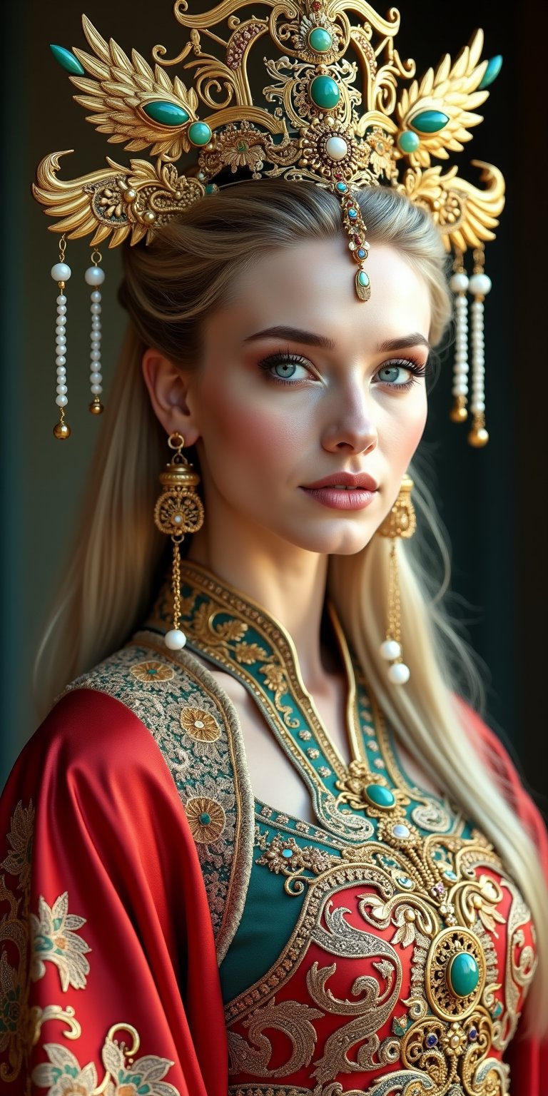 A stunning (Ukrainian woman), wearing an opulent ancient Chinese empress costume,Her Slavic features, -blue eyes and fair skin, contrast beautifully with the ornate Chinese attire, Elaborate headdress adorned with gold filigree, jade beads, and hanging pearls. Intricate phoenix crown with delicate golden leaves and gemstones. Layered silk robes in rich red and gold, embroidered with dragons and auspicious symbols, Wide, flowing sleeves with detailed embroidery, Ornate collar piece studded with precious stones,Traditional Chinese makeup subtly adapted to complement her Eastern European features,Long blonde hair partially visible beneath the headdress,Beautiful woman,Photorealistic,Fantasy detailers 