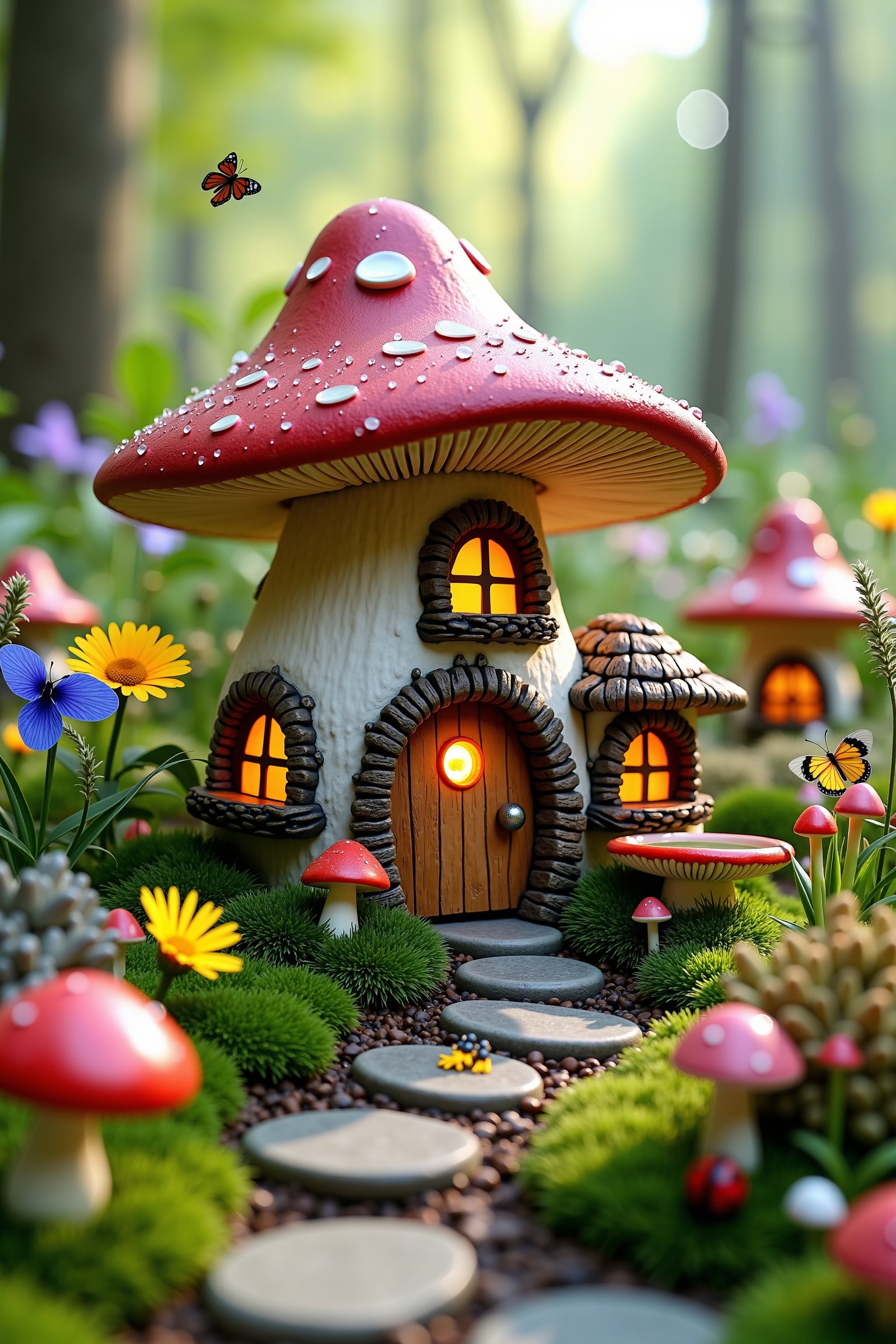 A mushroom-shaped fairy house, a whimsical miniature village, lush vegetation, small windows and doors, thatched roofs, bright wildflowers, mossy stones, fairy lights, mushroom rings, butterflies and ladybugs, miniatures gardening tools, bird baths in acorn hats, dew on leaves, soft morning mist, sunlight filtering through the trees, pastel color palettes, enchanting forest backgrounds, intricate botanical details,