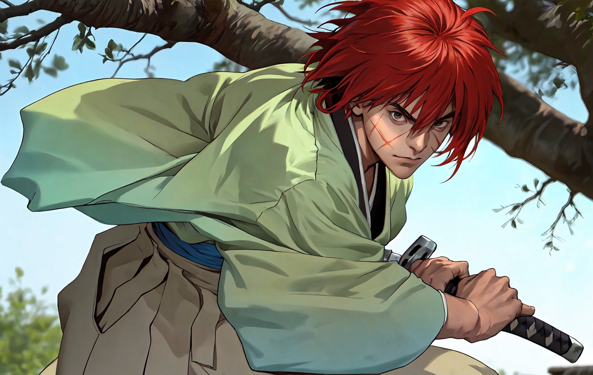 masterpiece, best quality, highres,(Solo:1.2),1boy,young man, battoujutsu, photorealistic,red Hair,short hair,Japanese Clothes,Kenshin,(Scar on cheek ),action