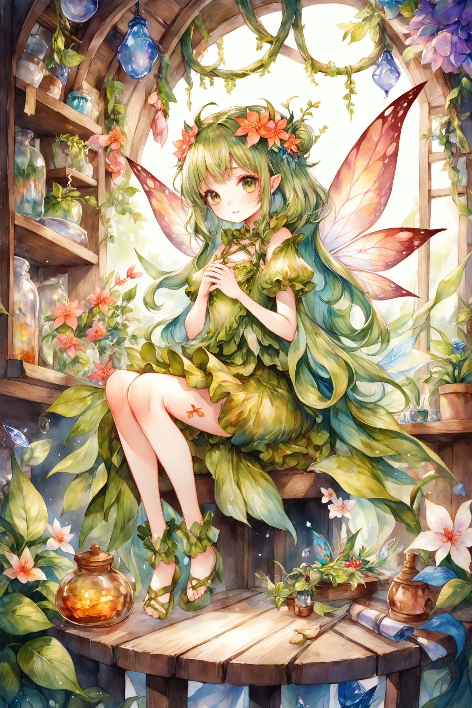 Extreme detailed,1girl,
beautiful fairy,In a quaint workshop adorned with enchanting flora, a skilled fairy tailor meticulously crafts fantastical garments,H effect,Wonder of Beauty,emo,extremely detailed,watercolor \(medium\), kirakishou