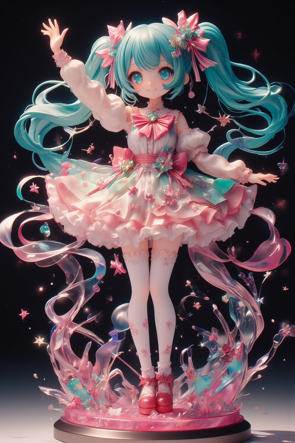 masterpiece, highly detailed, 1/7 scale anime figure, cute anime girl, long twin tails, turquoise hair, blue eyes, white and pink dress, red platform shoes, white thigh-high socks, cheerful expression, raised arm waving, colorful ribbons and bows, transparent swirls, star shapes, magical girl aesthetic, vibrant colors, pink and blue color scheme, dynamic pose, standing on circular base, translucent effects, shiny surfaces, intricate details, professional lighting, dark background, product photography style, sharp focus, high quality, 8k resolution,create figure 2