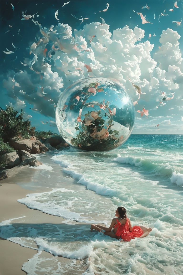 Surrealist watercolor painting. Pristine beach with soft, sandy shores and gentle waves. Enormous glass sphere, perfectly transparent, resting on sand. Oversized red ribbon wrapped around the sphere, flowing and billowing in imaginary wind. Distorted reflections in glass, merging sky and sea. Dreamy, muted palette for beach, vivid red for ribbon. Subtle watercolor textures, wet-on-wet technique. Magritte-esque juxtaposition of reality and fantasy. Thought-provoking, whimsical scene