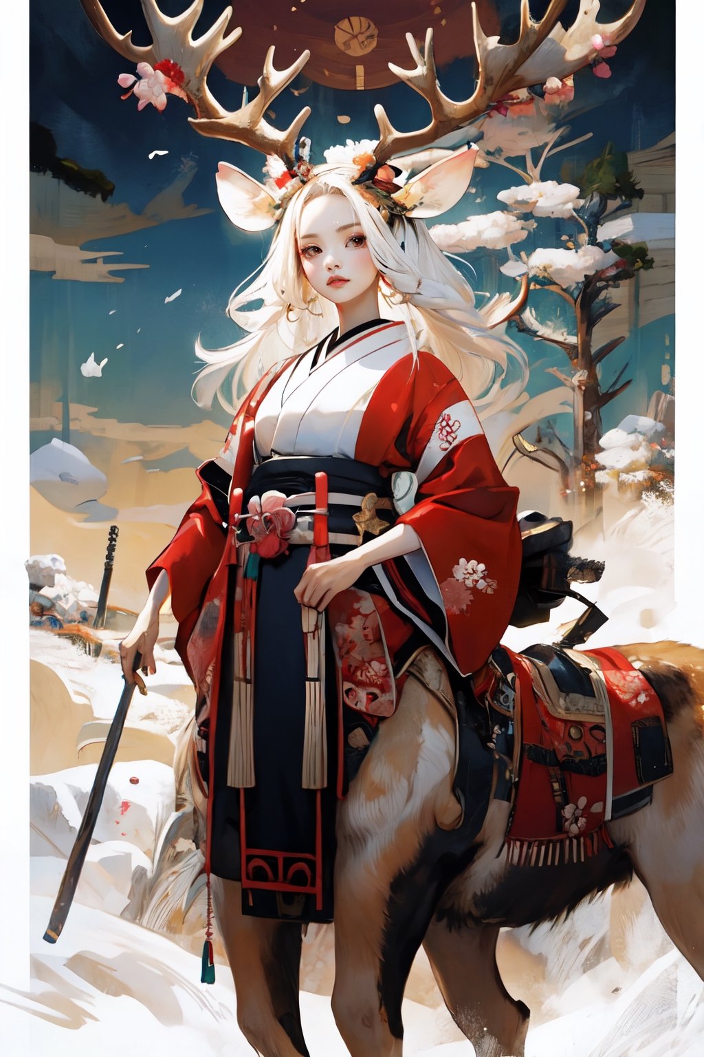 female_solo,centau,albino demon girl, curvaceous, masterpiece, breasts, defined, happy,moose antlers,Alabasta
_skin, glow, golden_eyes, white_hair, long_hair,  clear face,traditional Japanese fashion,
 flawless, flawless face, centaur, taur, 4 legs,3va,deer ear,dark fantasy,utsukushi,Oiran