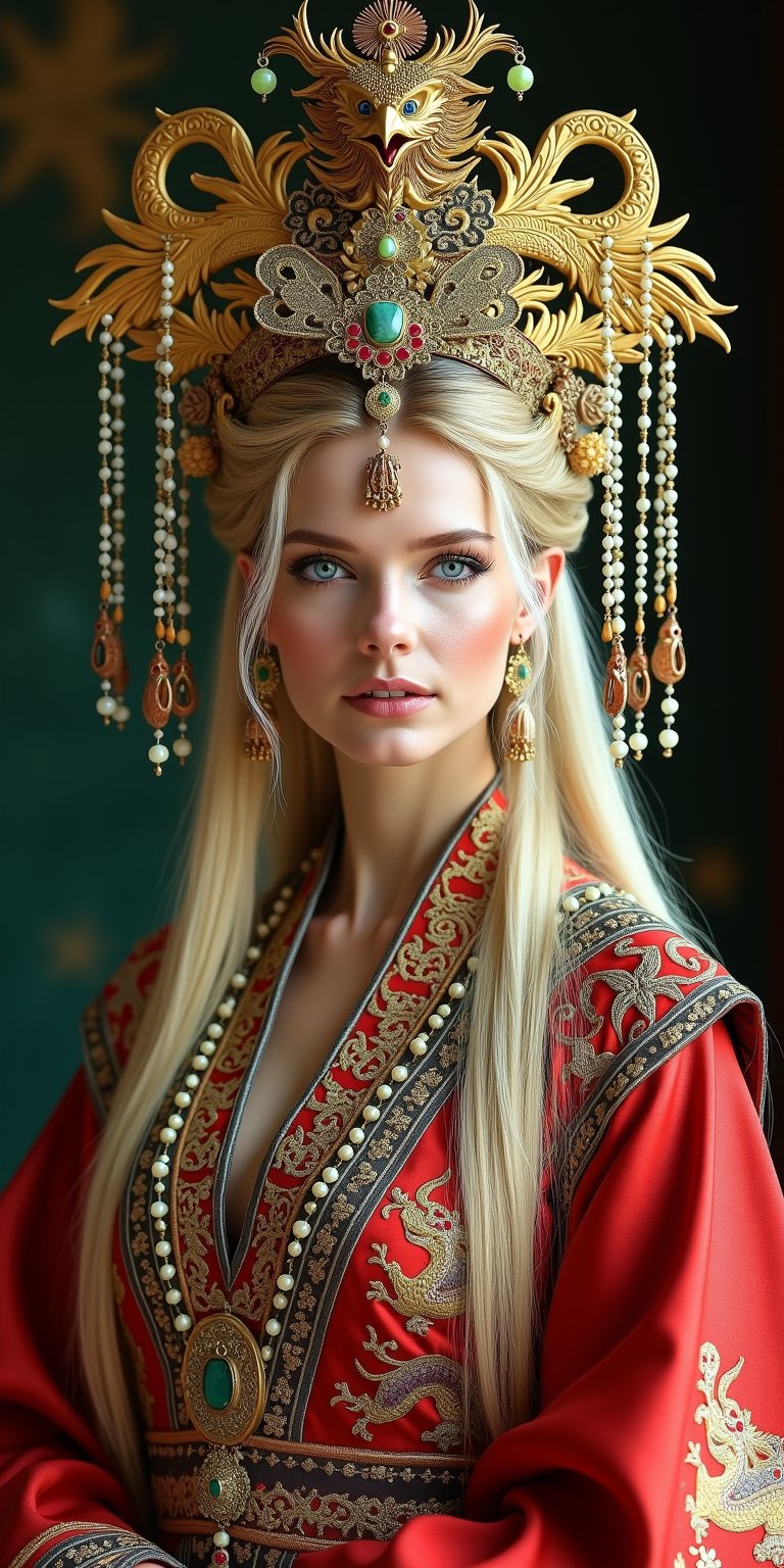 A stunning (Ukrainian woman), wearing an opulent ancient Chinese empress costume,Her Slavic features, -blue eyes and fair skin, contrast beautifully with the ornate Chinese attire, Elaborate headdress adorned with gold filigree, jade beads, and hanging pearls, Intricate phoenix crown with delicate golden leaves and gemstones,Layered silk robes in rich red and gold, embroidered with dragons and auspicious symbols, Wide, flowing sleeves with detailed embroidery, Ornate collar piece studded with precious stones,Long blonde hair partially visible beneath the headdress,Beautiful woman,Photorealistic,Fantasy detailers 