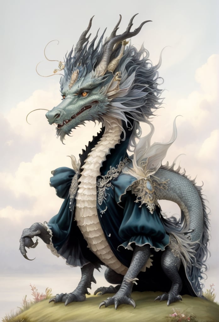 A dragon, adorned in a fusion of Renaissance European noble fashion and modern Gothic Lolita attire, wearing intricate ruffled collars, embroidered velvet garments, and lace accessories, The reptilian creature embodies both aristocratic elegance and contemporary gothic charm, creating a unique and surreal aesthetic.,dragon-themed