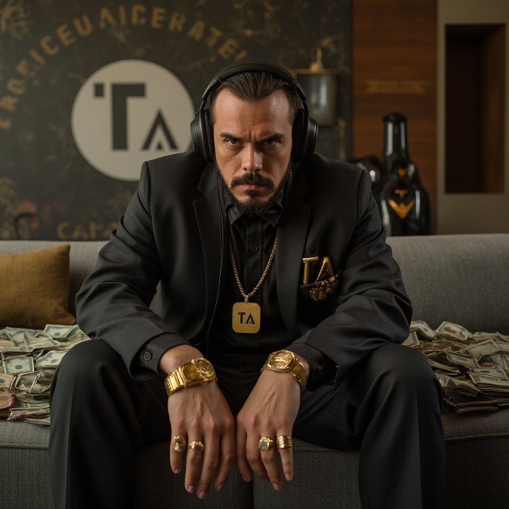 A sinister wealthy man,sitting on a large pile of cash. He is dressed in an impeccably tailored, luxurious suit with a dark, glossy finish, adorned with gold accents. Around his neck hangs a thick gold necklace, and his fingers are adorned with several oversized gold rings. A golden luxury watch gleams on his wrist. On his lapel, there's a badge with the initials 'TA' engraved in fine detail. He wears large, sleek headphones, his expression cold and calculating, adding to his menacing aura, contrasting with the lavishness of his attire.",livingroom,ta_logo,tensorart_logo,(The words "Tensor Art" are written on the wall behind)