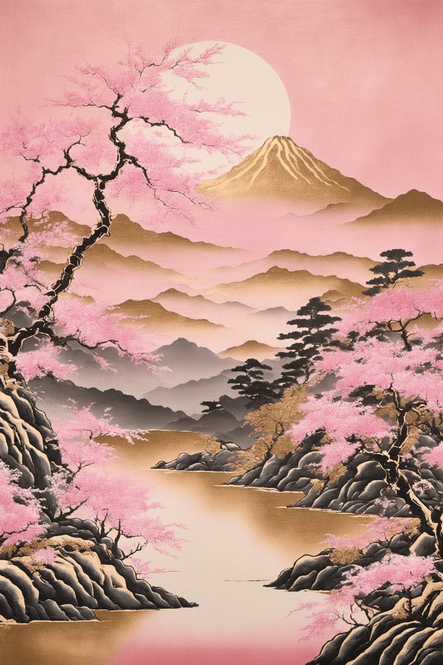 pink gold leaf art,
representing winter depicted on a using pink gold leaf technique for traditional Japanese fusuma-e  art, Emphasize the use of pink gold leaf to capture the brilliance of sunlight,red leaf, and the serene beauty landscapes,Japanese tree,traditional artistry of fusuma-e with the opulence of pink gold leaf,japanese art,