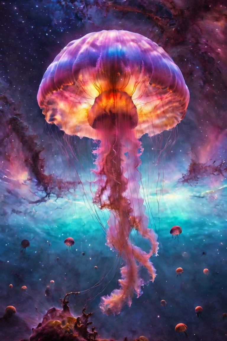 Entanglement art, mysterious phenomena, psychedelics, giant jellyfish swimming in a rainbow-colored universe,Space Background