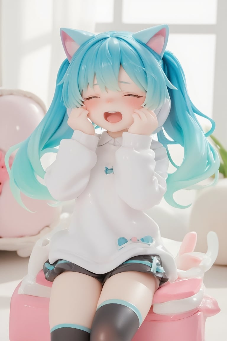 1girl,PVC,Hatsune Mi resin figure, posing cutely with a big yawn. Hatsune Miku has cat-like ears and blue-green twin tails, and wears a white long-sleeved shirt with a small Miku logo on the chest. Miku was also wearing black shorts with soft pastel stripes and thigh-high socks, with only one eye open and her mouth open.
 He looks sleepy. The background has a soft and minimalist feel, giving it a lovely look and a cozy feel. Masu. Emphasizes a relaxed atmosphere. , lyh, ATRFX, resin