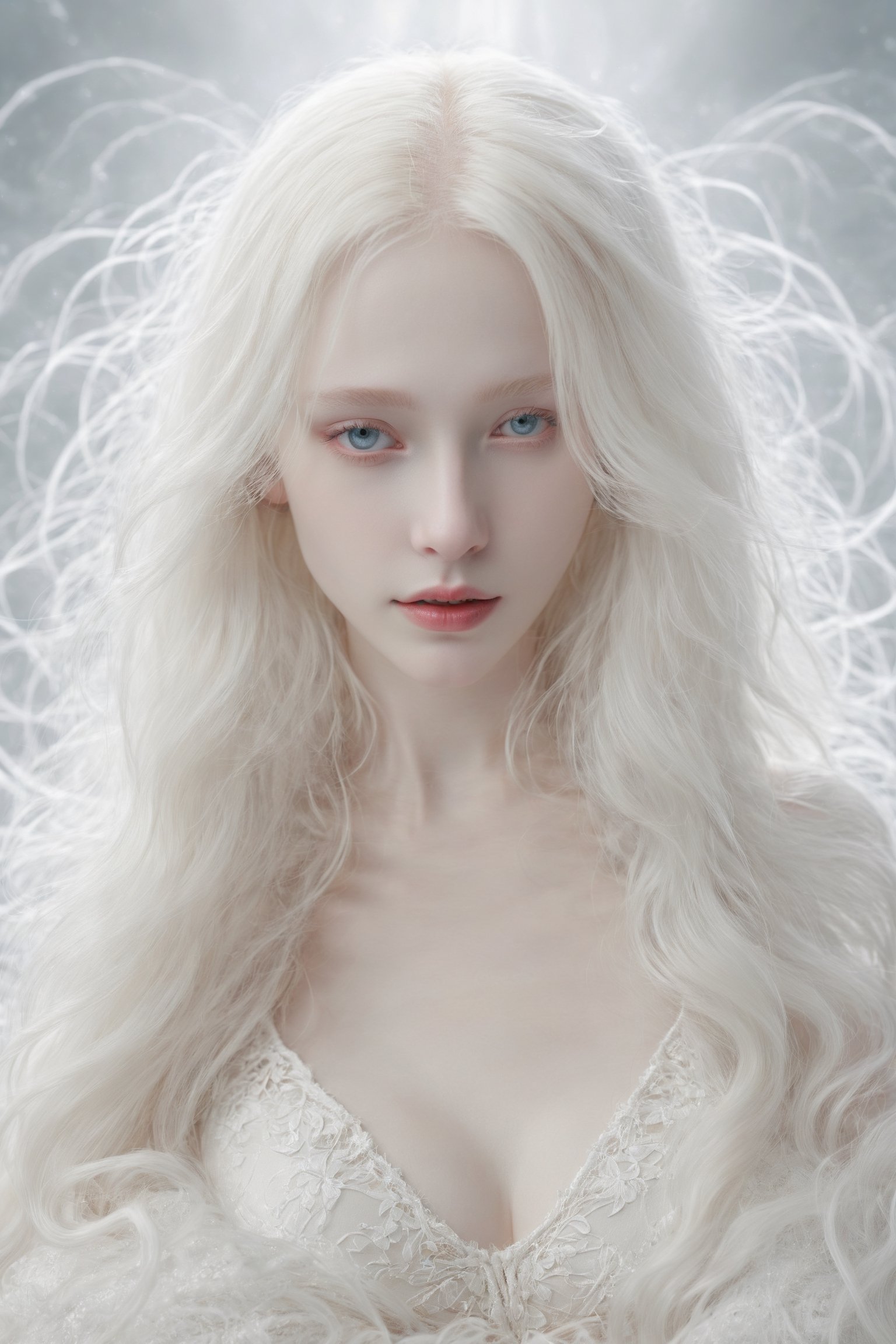 (best quality, 4k, 8k, highres, masterpiece:1.2), A creepy yet intriguing digital illustration portrait of a albino pale young girl, pure white hair,
psychedelic long hair, She wears a seductive white lace outfit with white fur accents, embodying the essence of allure and sensuality, ,valent_1314