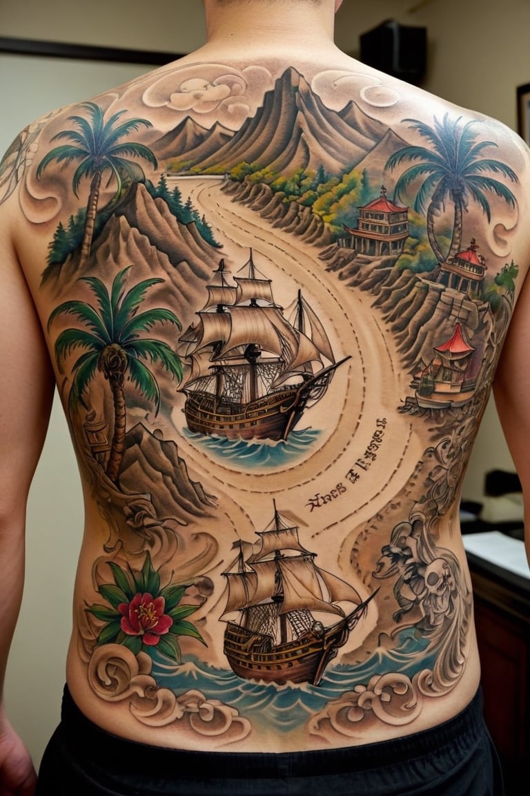Imagine a detailed pirate treasure map tattooed on someone's back. The tattoo features intricate lines and shading, depicting ancient scroll-like parchment. Key landmarks such as palm trees, mountains, and a winding path lead to an "X" marking the treasure's location, Ships, This vivid and elaborate tattoo transforms the back into a canvas of exploration and hidden riches.,FuturEvoLabTattoo