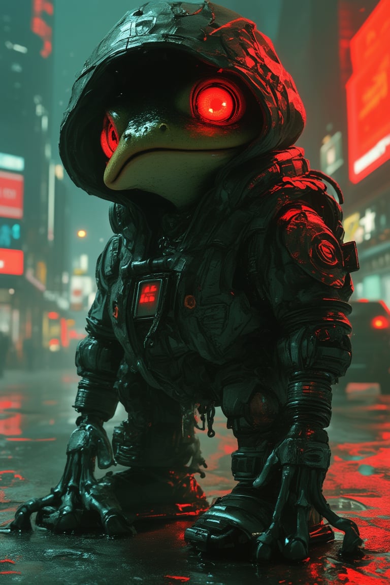 ,Anthropomorphic frog character in cyberpunk theme. Wearing a heavy, high-tech cyber suit with a large hood. Suit is weathered and grimy, with neon accents and exposed circuitry. Frog's face peering out from shadow of hood, with large, bioluminescent eyes. Moist, textured skin visible on face and hands. Chunky boots with hydraulic components. Neon-lit rainy cityscape in background. Photorealistic rendering with sci-fi elements. High detail, 8K resolution, dramatic lighting emphasizing the hood's shadow. ,dal,ct-identityV2