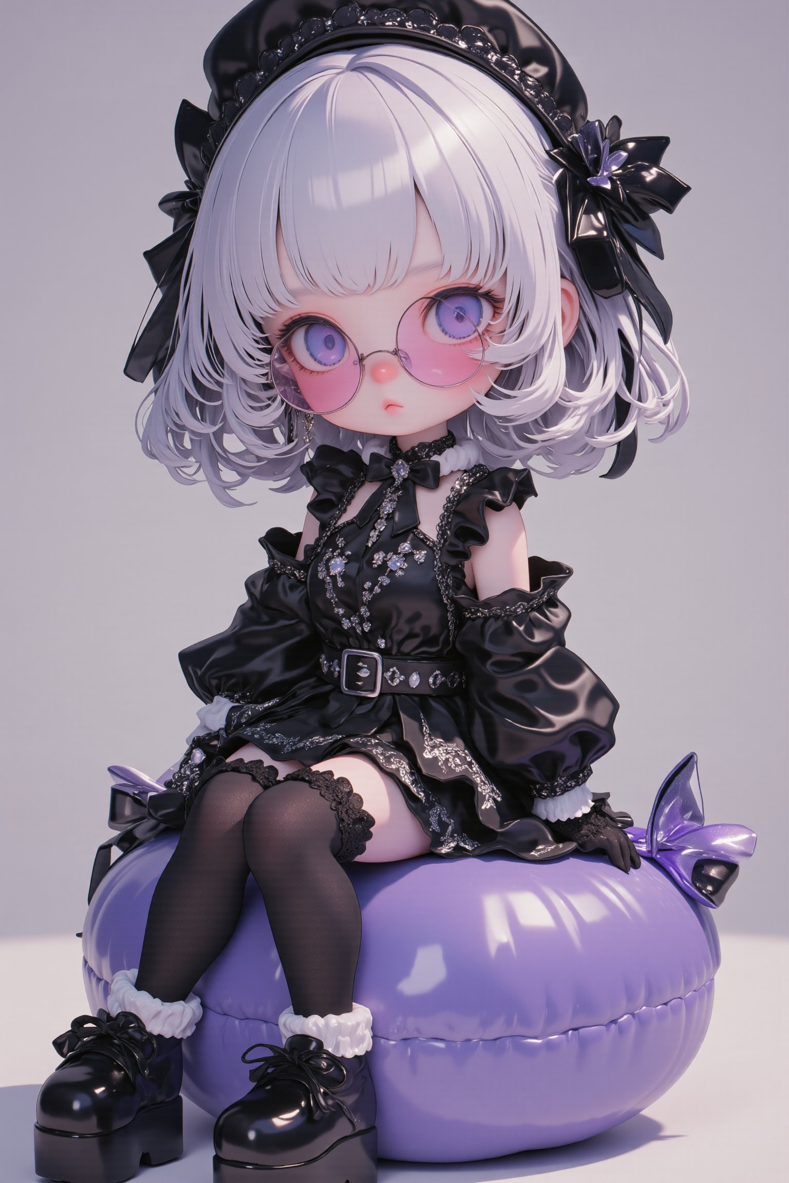 (Cute anime-style chibi figurine),3d figure,
Create a highly detailed figure, a cute girl sitting on a large cushion,Her outfit is Gothic Lolita style, featuring a black lace-trimmed dress with black ribbons and frills,wears pink-rimmed glasses,
She wears thigh-high stockings, black lace gloves, and platform shoes with ribbons,hair is styled in loose curls and adorned with a Gothic headdress, muted tones that complement the girl's elegant yet cute look,silver and purple accents to match her Gothic style,lyh,dal,create figure 2,