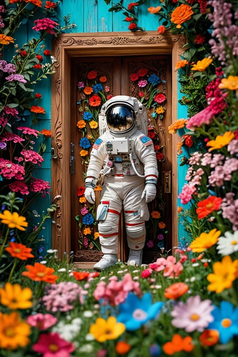 Imagine a beautiful flower field, with vibrant blooms stretching as far as the eye can see,Person on the other side of the door, Astronaut,
Nestled among the flowers is an unexpected sight a wooden door, clearly made of lightweight material like cardboard or balsa wood, standing upright amidst the blossoms. Despite its humble construction, the door is adorned with intricate carvings and painted with vivid colors, adding to its whimsical charm,astronaut_flowers