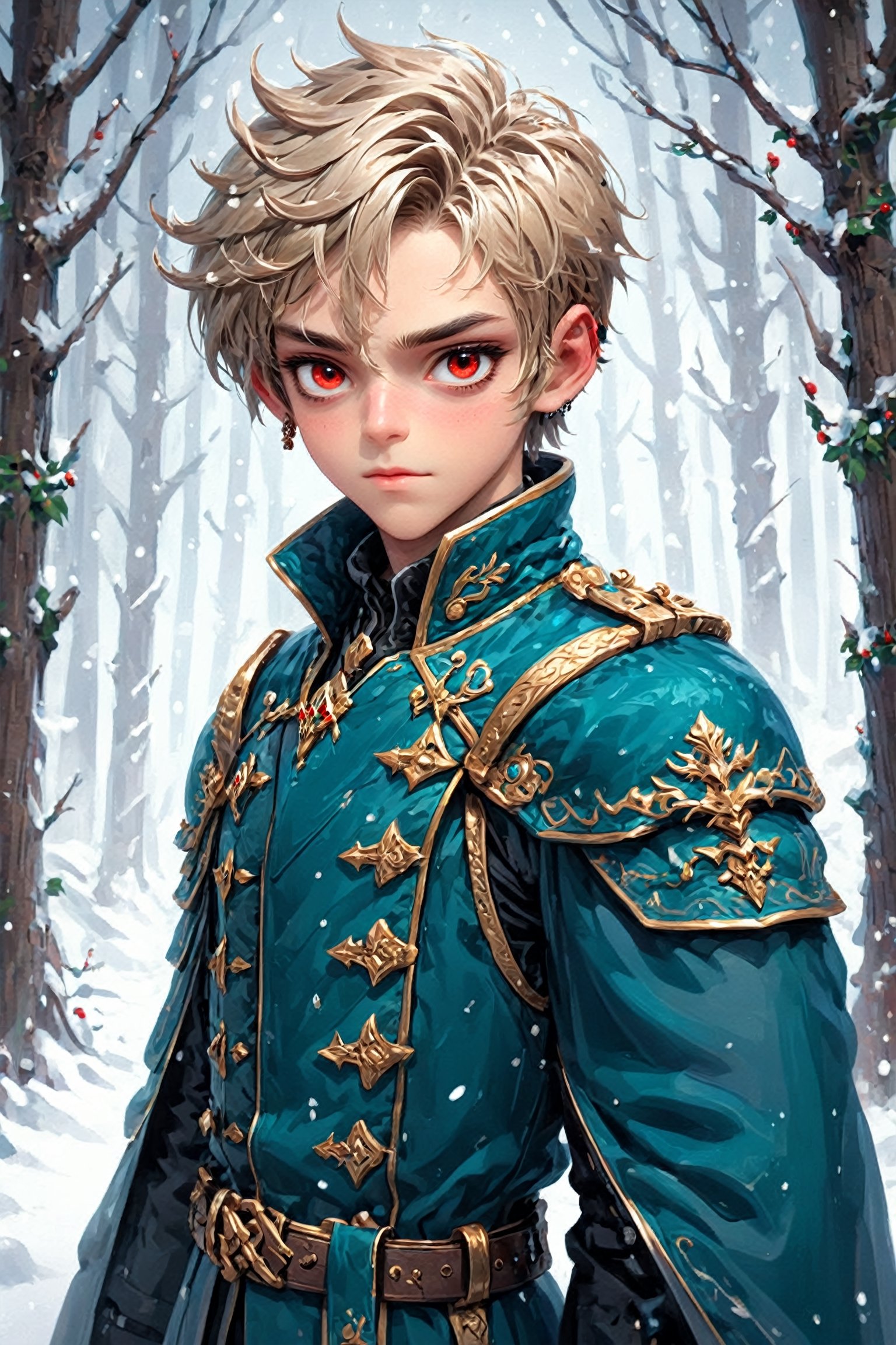 ultra Realistic, Extreme detailed, Nordic beautiful teen boy, ((flat chest:1.2)),full body,
boyish short hair, beautifully detailed eyes, detailed fine nose, detailed fingers, wearing extremely detailed luxury male Prince Albert coat,
Beautiful red eyes,soft expression,Depth and Dimension in the Pupils,So beautiful eyes that 
Has deep clear eyes,detailed eyelashes,mesmerizing iris colors,the skin color is closer to white,
Christmas Fantasy World,perfecteyes,Anime ,3D,ct-niji2